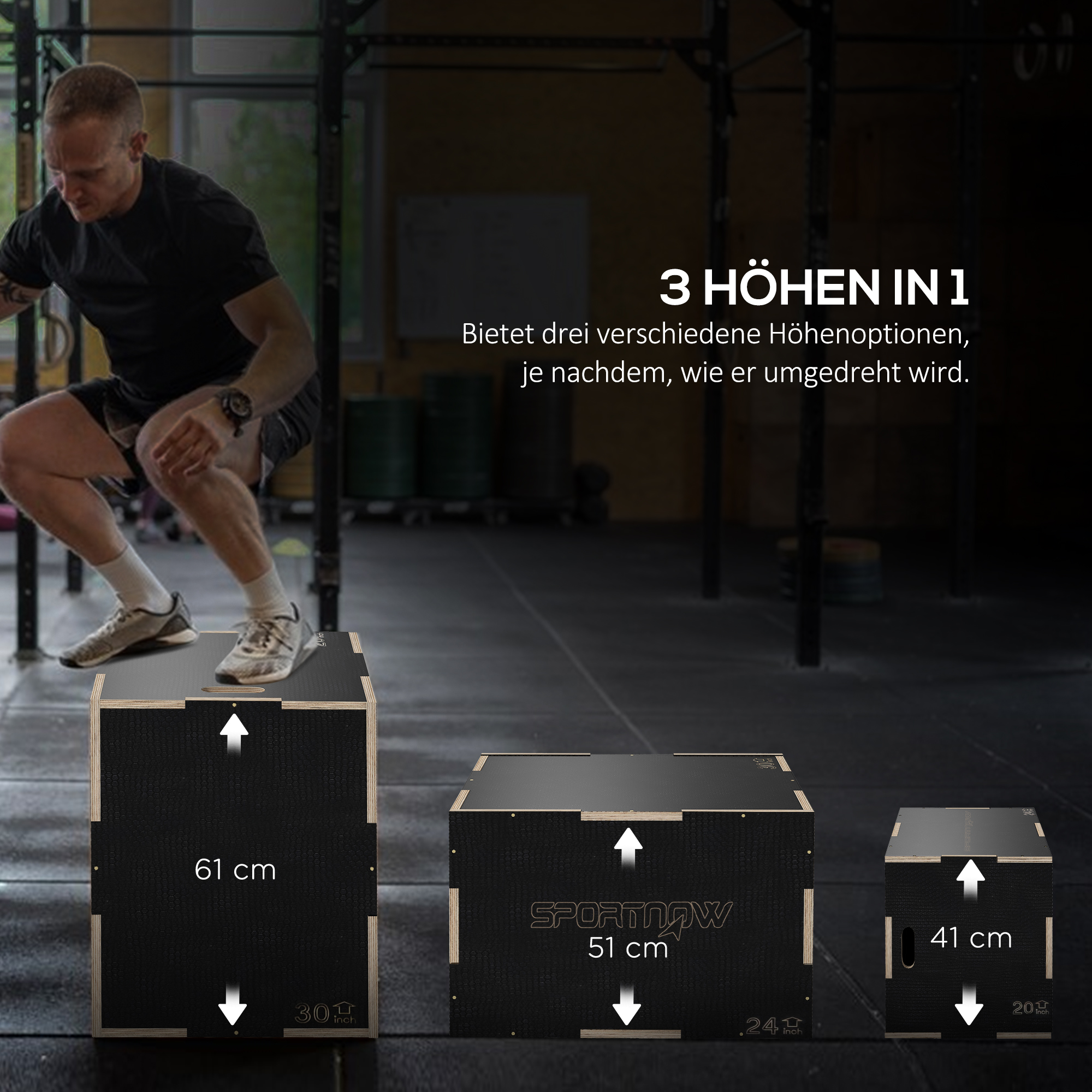 Plyo-Box/Sprungbox, robust, 61 x 51 x 41 cm, Schwarz, Griff 10x3,5 cm, bis 120 kg