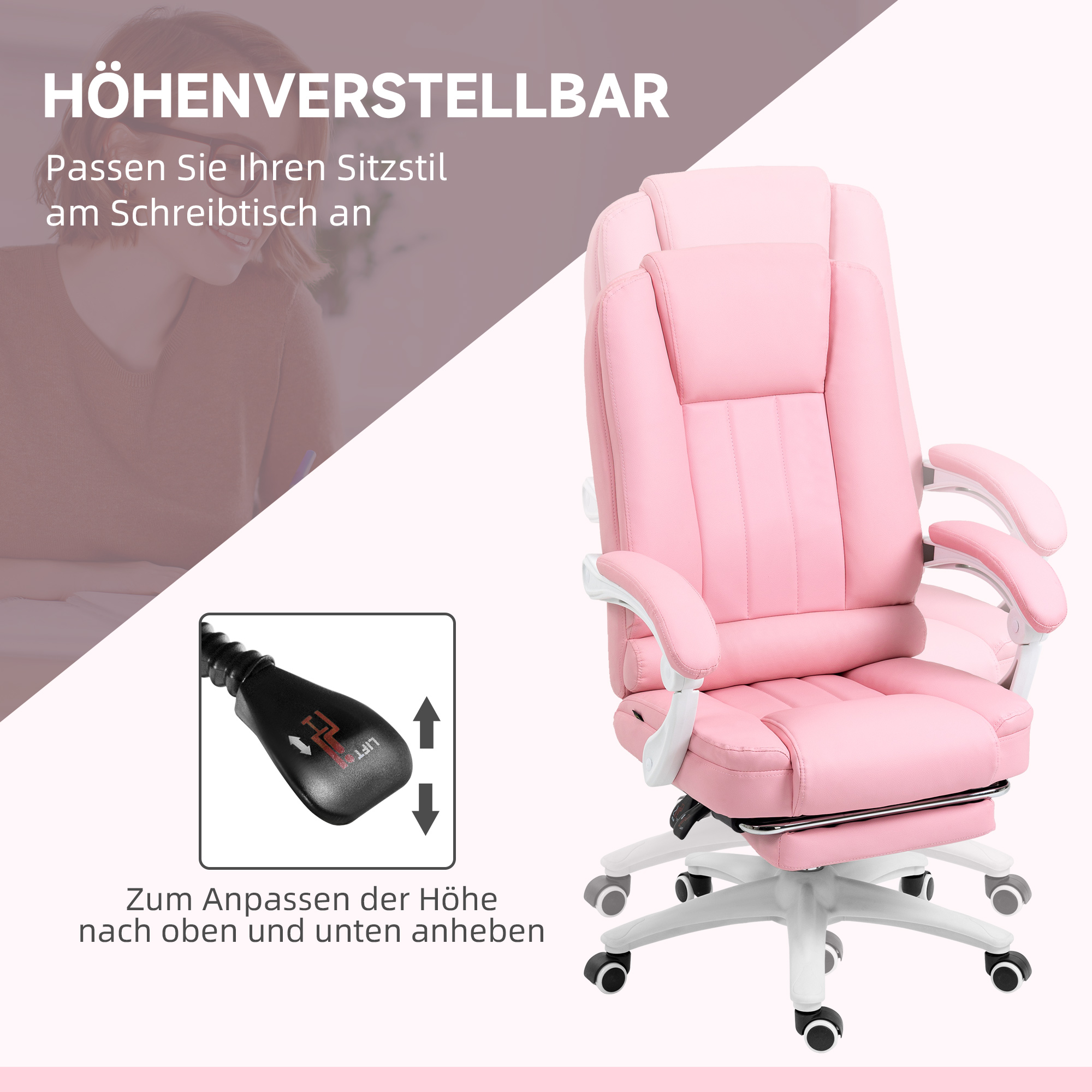 Bürostuhl mit Fußstütze, verstellbare Rückenlehne, höhenverstellbar, 5 Rollen, Rosa + Weiß