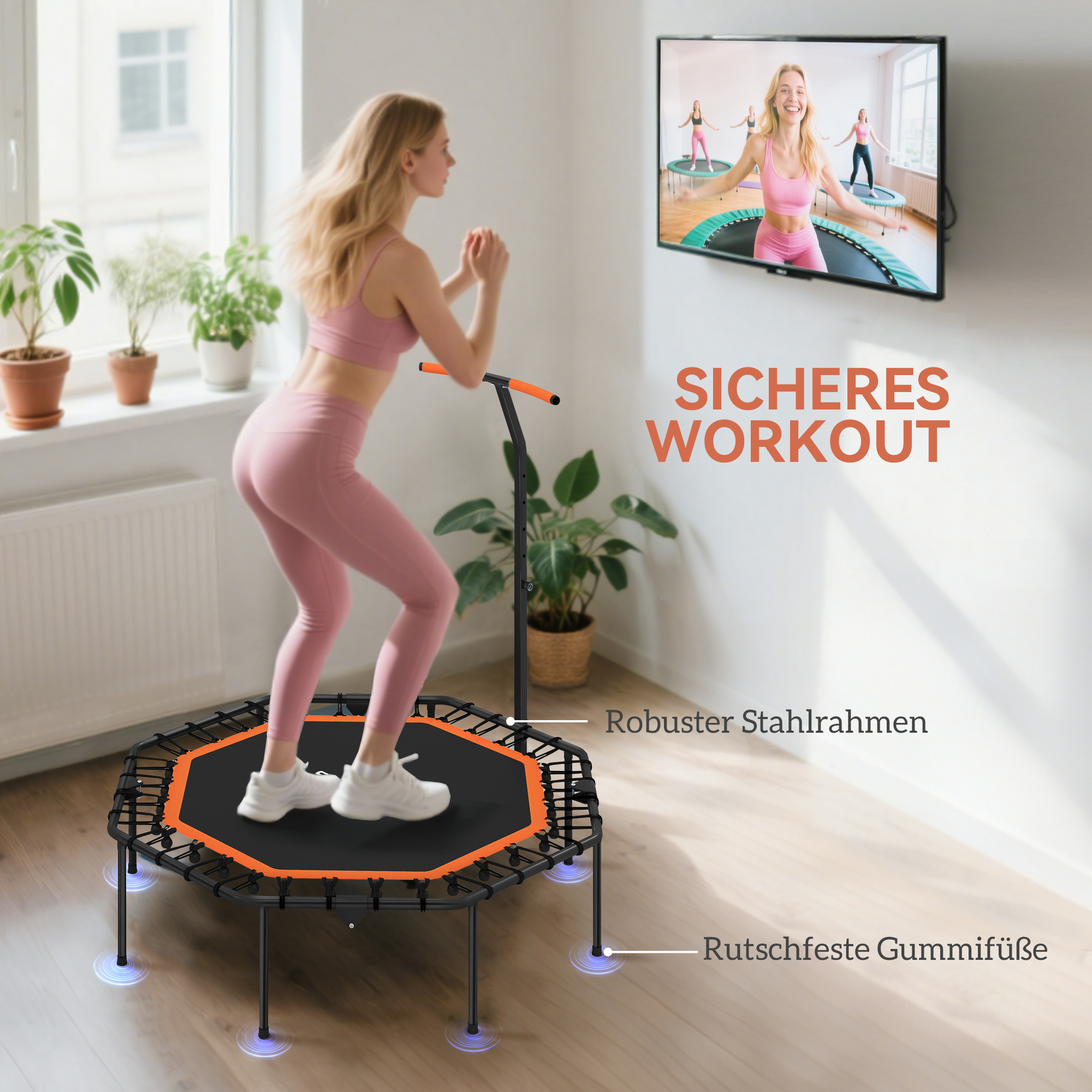 Fitness-Trampolin, Trainingstrampolin mit verstellbarem Haltegriff, stabil und leise, für drinnen, Stahl, Orange