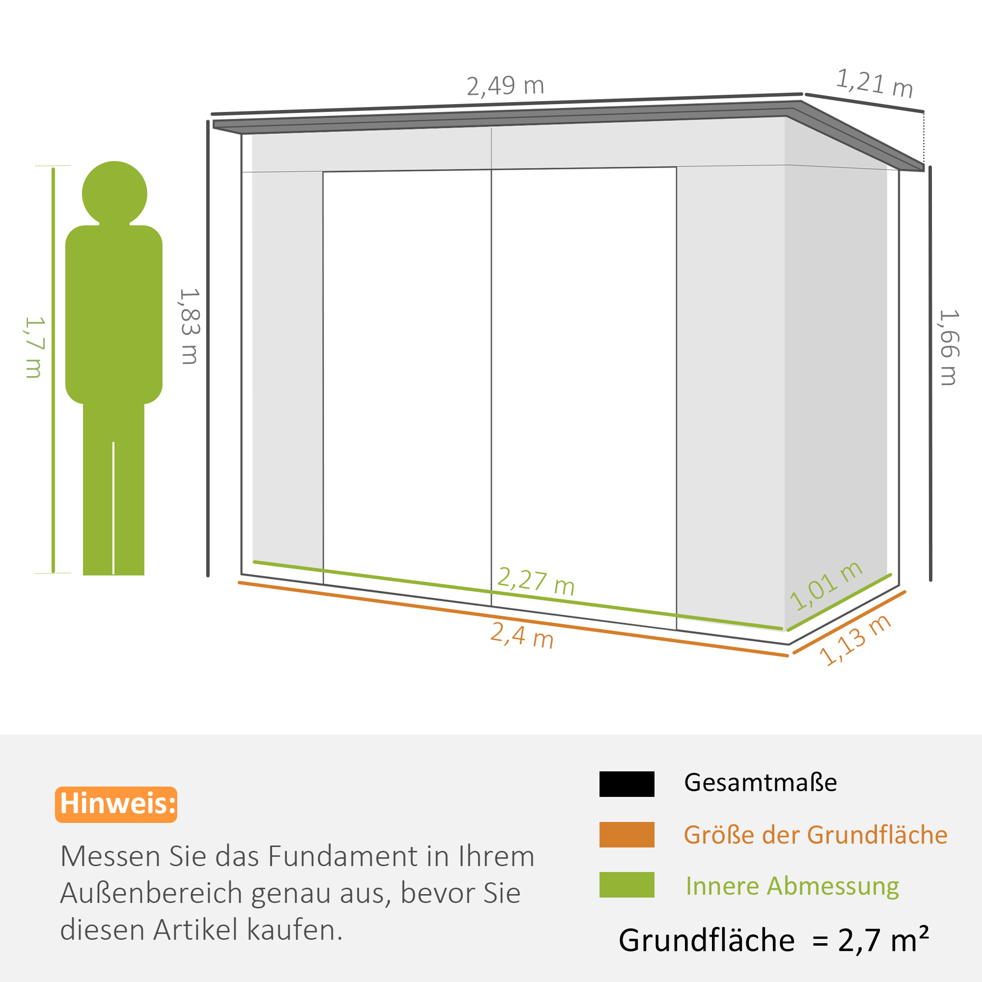 Gerätehaus, Metall-Gartenhaus mit Pultdach, 249 x 121 x 166/183 cm, Einfache Montage, mit Doppeltüren, Grün