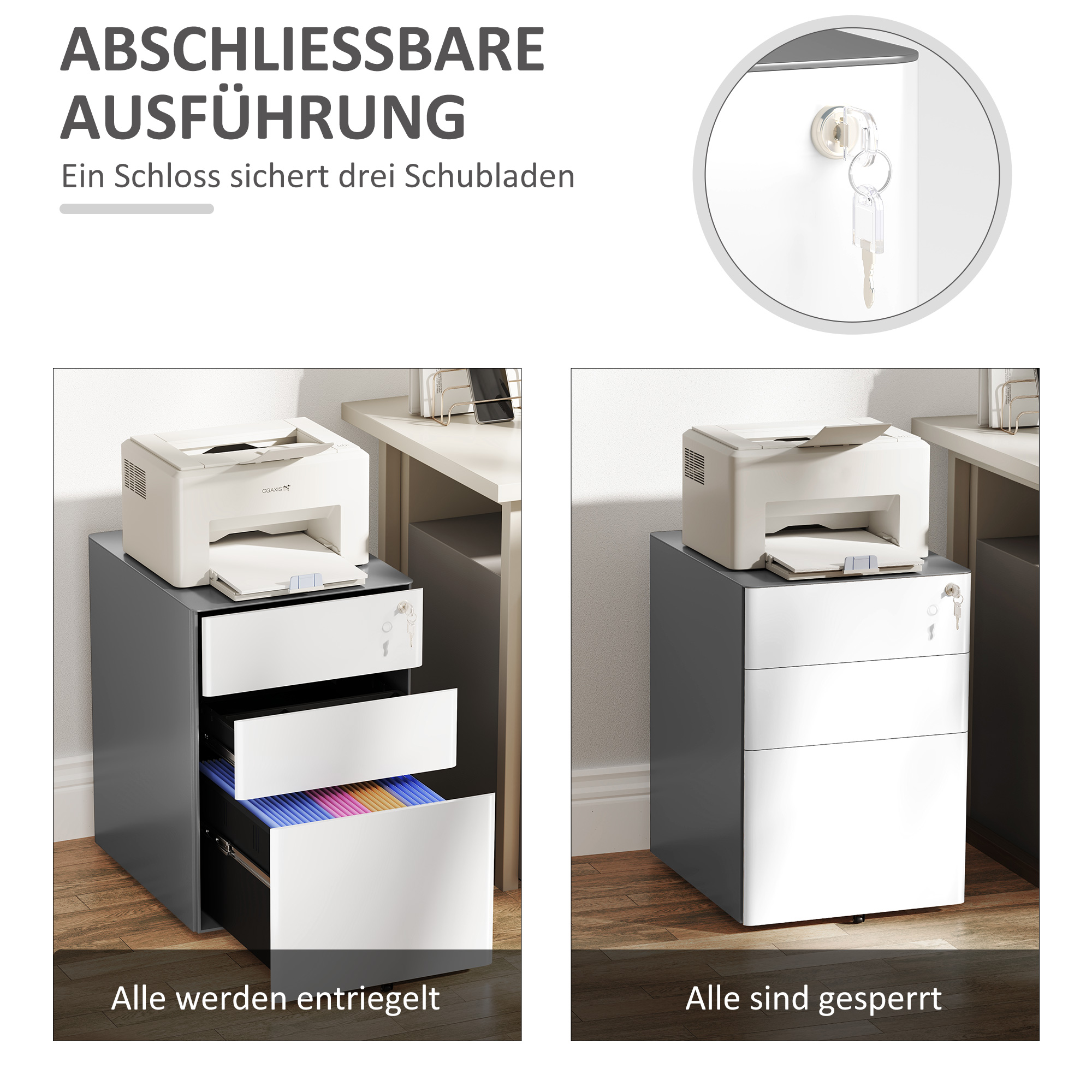 Aktenschrank, Rollcontainer, 3 Schubladen & Hängeregister, Schloss, Stahlgehäuse, 39x48x59 cm, Weiß+Grau
