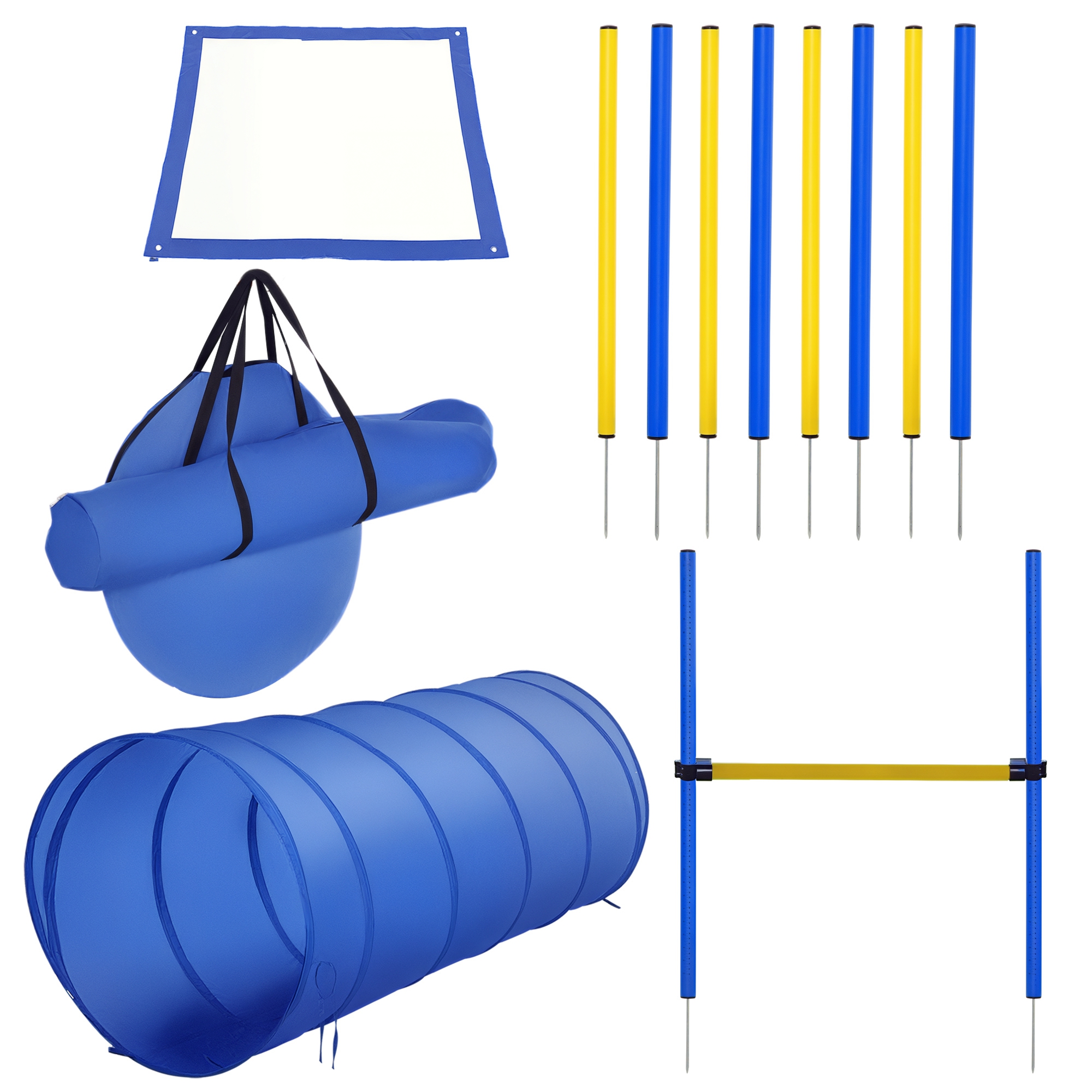 Agility Set Hunde, 4-teiliges Agility Ausrüstung mit Hundetunnel, Hürden, 8 Slalomstangen, Startfeld, Aufbewahrungstasche, Steckhürdenset für Hundetraining, Trainingsset für Hunde Gelb+Blau
