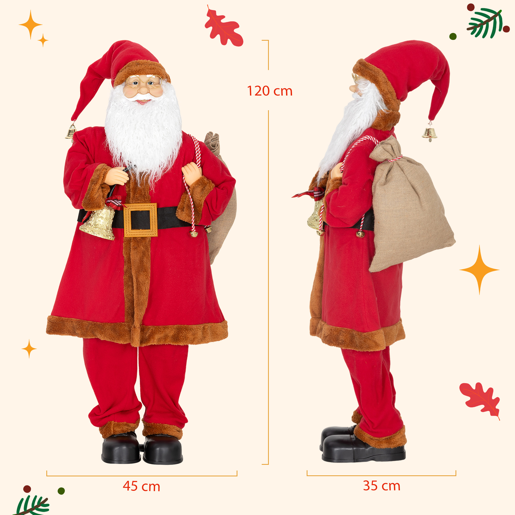 Weihnachtsmann 120 cm Nikolaus Figur mit Beweglichem Kopf und Armen, Glocke und Sack, Geräusch- und Berührungssensor
