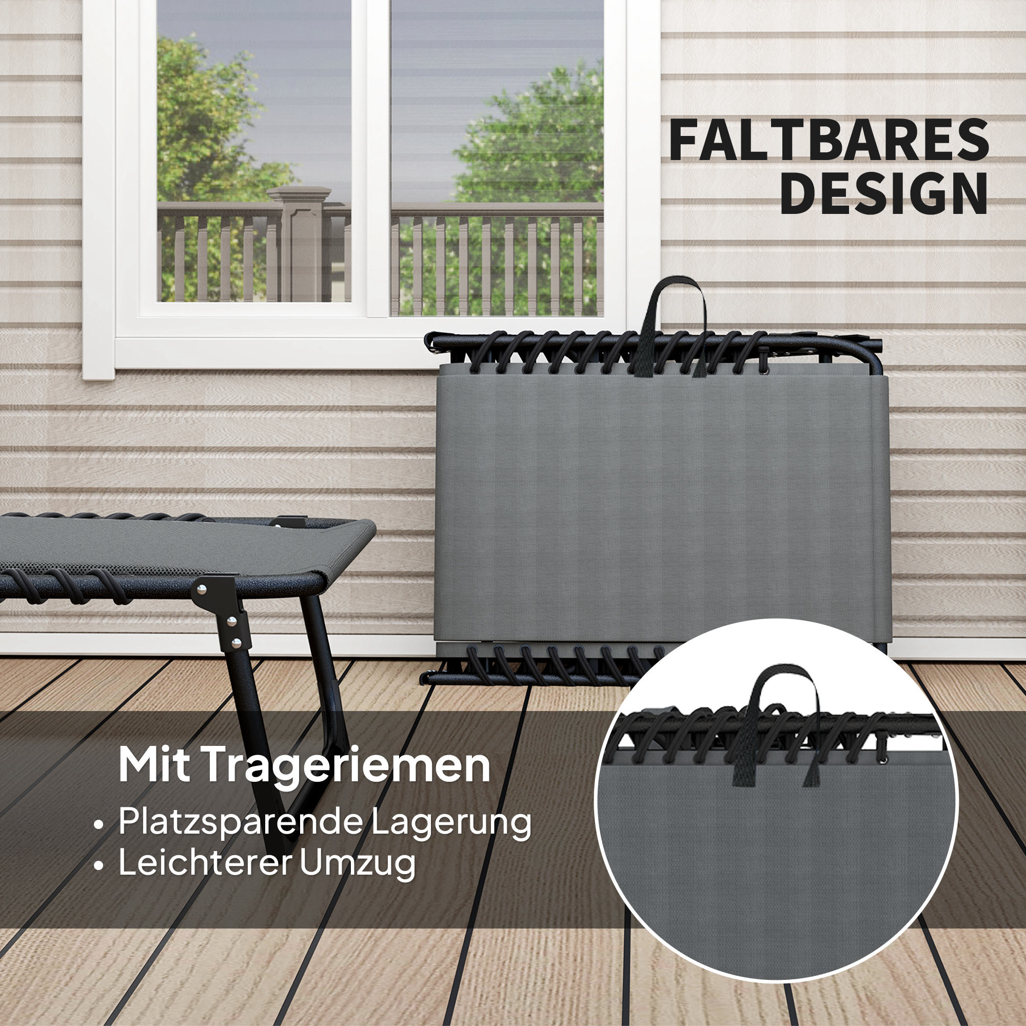 Liegestuhl, Sonnenliege mit Polsterung und Seitentasche, Gartenliege, Pool-Liege, Polsterliege, Grau