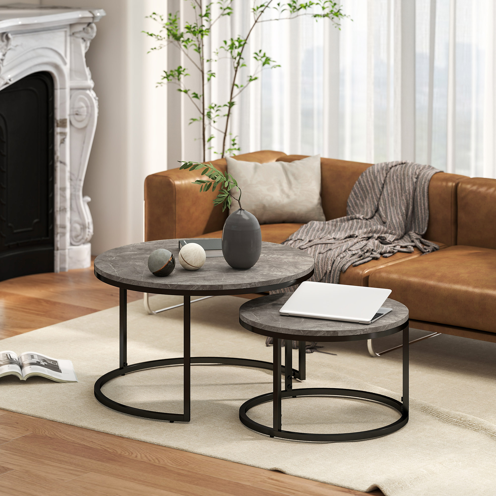 2er-Set runde Couchtische, stapelbare Beistelltische mit Metallrahmen, Wohnzimmertisch in Marmoroptik, Kaffeetisch, Grau