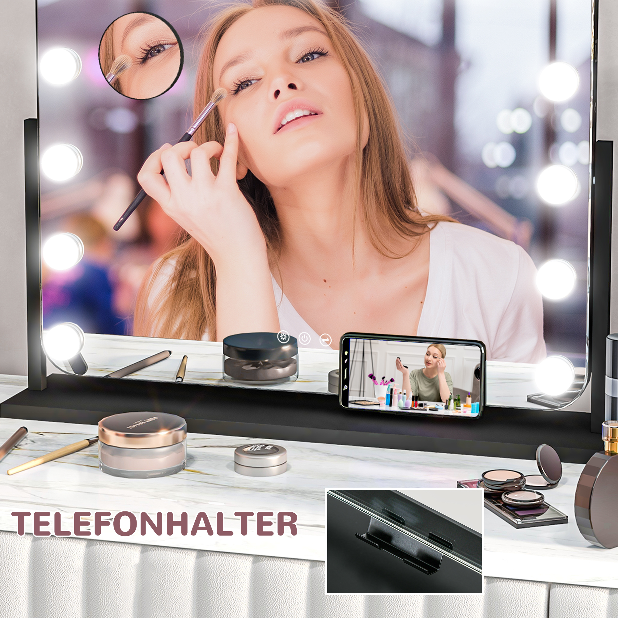 LED Kosmetikspiegel, 3 Lichtmodi, dimmbar, Touchsteuerung, USB, 62,5x49,5cm, Schwarz