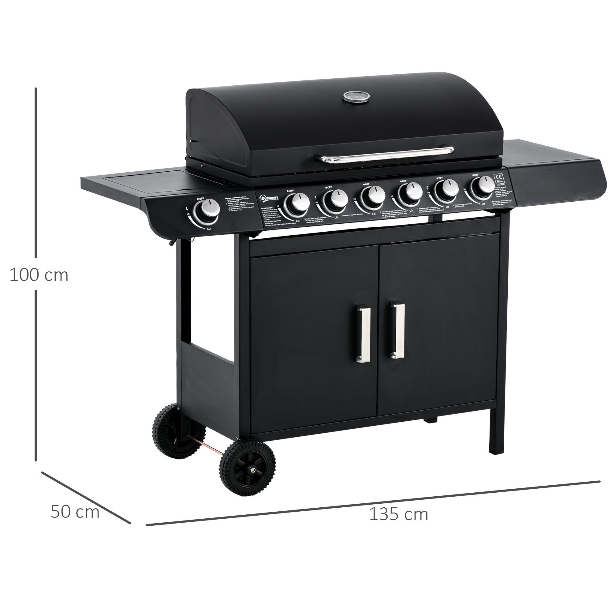 Gasgrill mit 7 Brennern, inkl, Thermometer,  BBQ -Grill, mobiler Grill, Schwarz