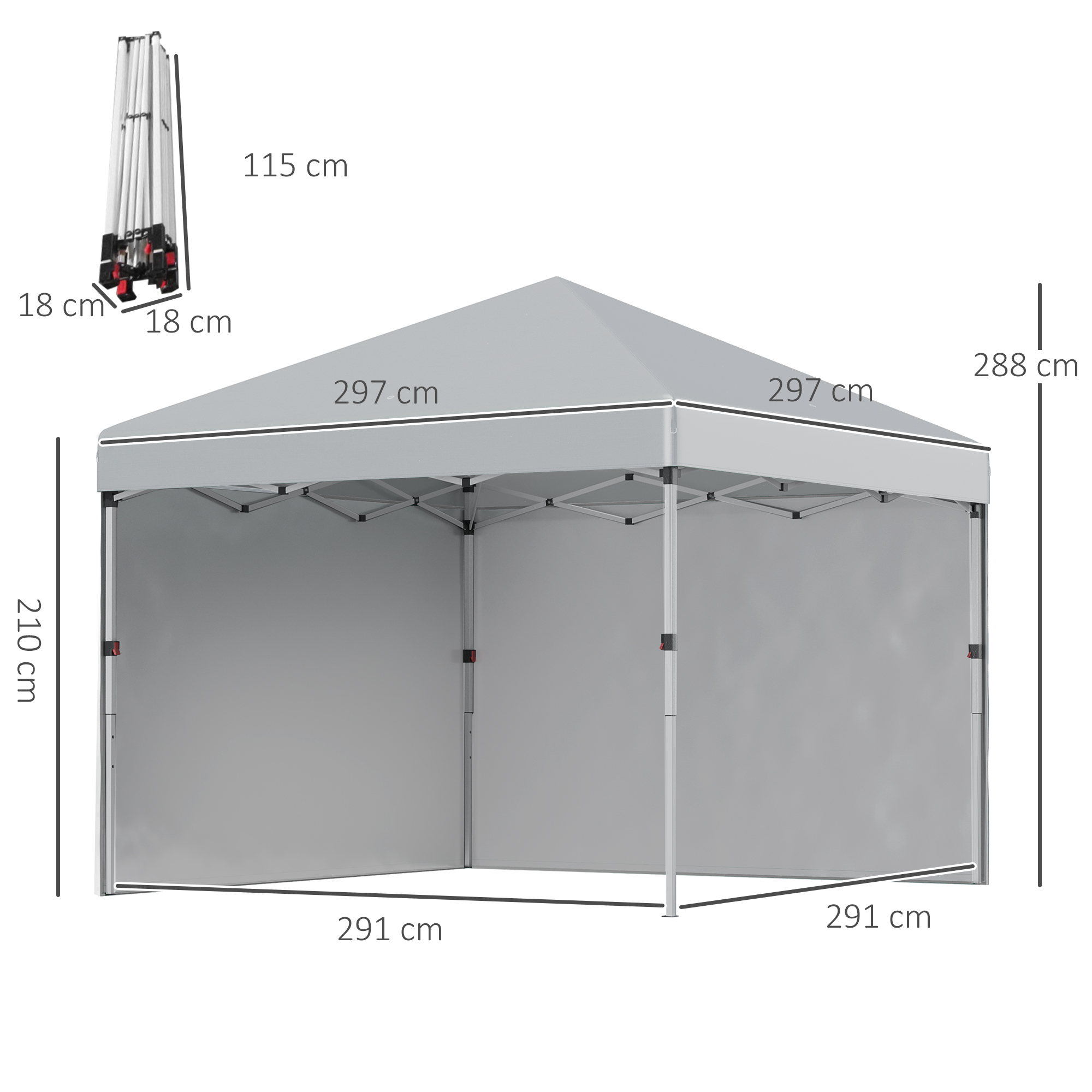 Faltpavillon, zwei Seitenwände, Tragetasche, Stahlrahmen, hellgrau, 3 x 3 x 2,7 m