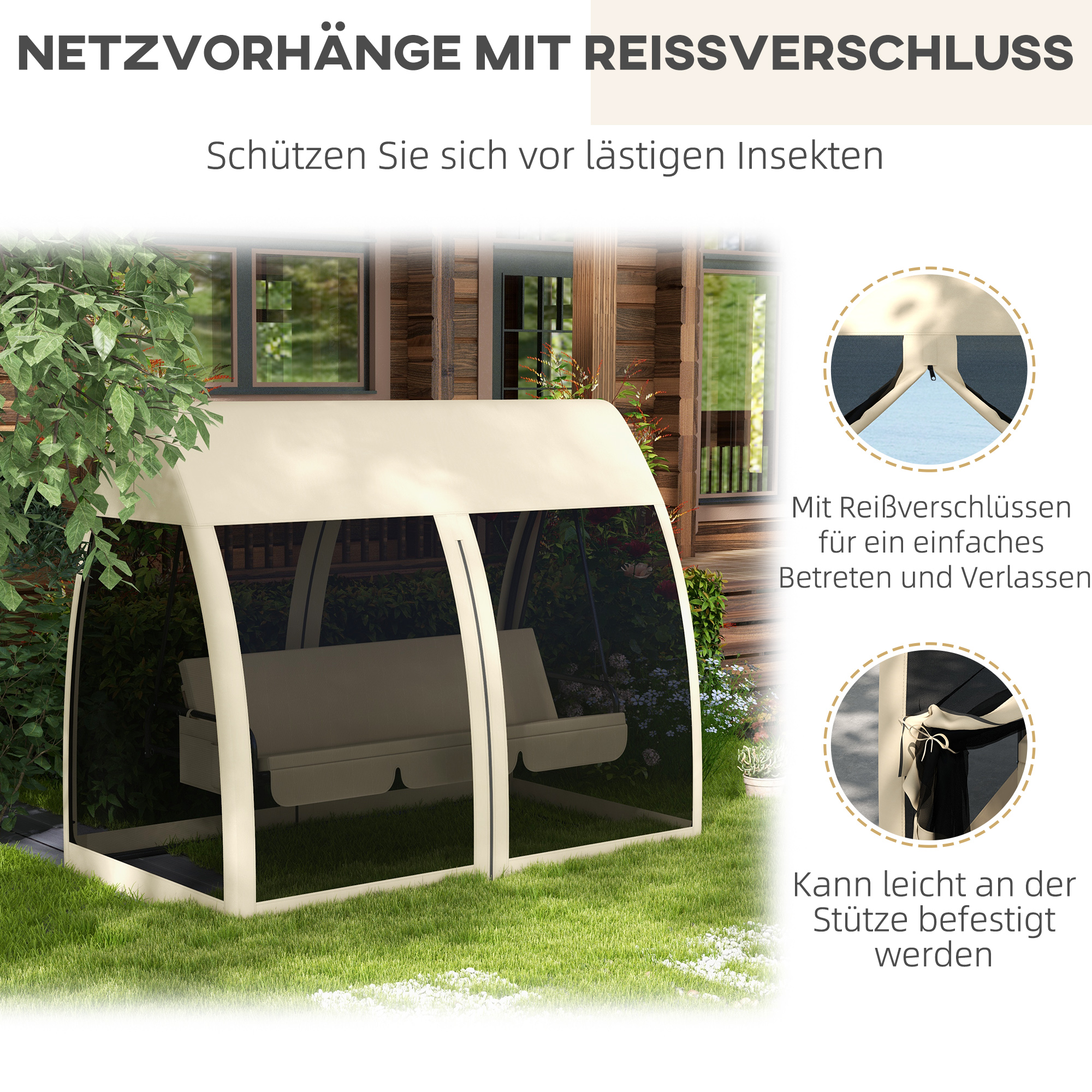 3-Sitzer-Terrassen-Schaukel, Veranda-Schaukel mit Bettfunktion, Hollywoodschaukel mit Mückennetz und Stahlrahmen, Kaffee