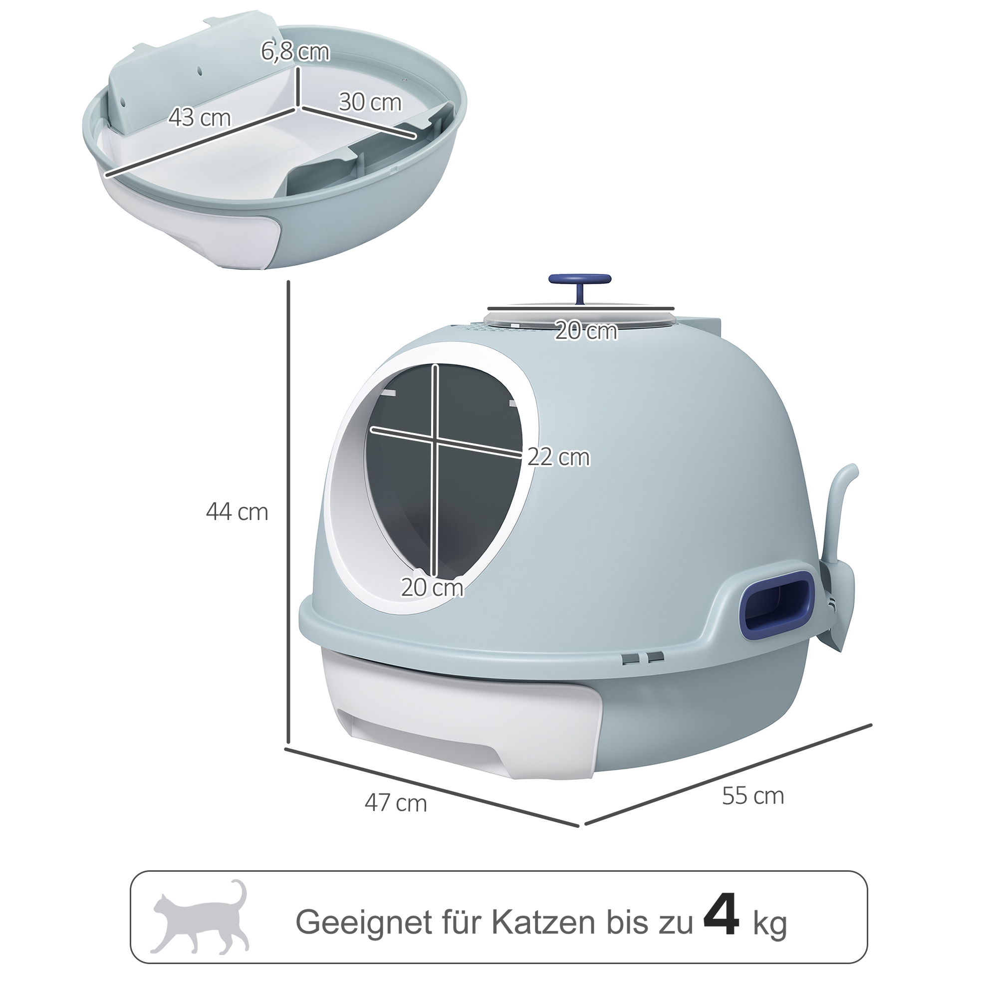 Katzentoilette mit Dachfenster, Katzenklo mit Bodenschale, mit Schaufel, Tragbar, PP ABS, See-Blau, 47 x 55 x 44 cm