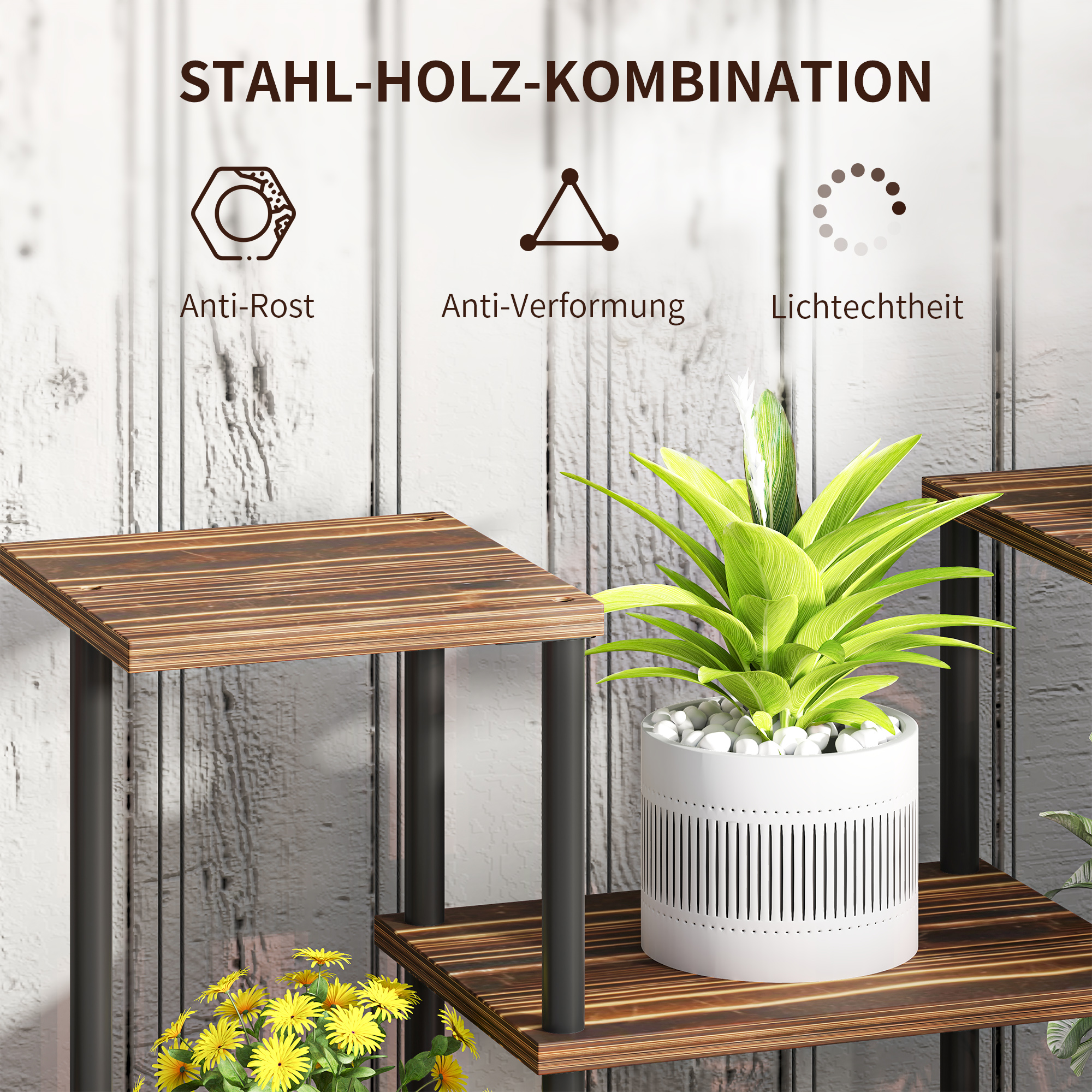 Blumenständer mit 4 Ebenen, 4-stufiger Pflanzenständer, Blumentopfhalter für drinnen und draußen, Holz, Stahl