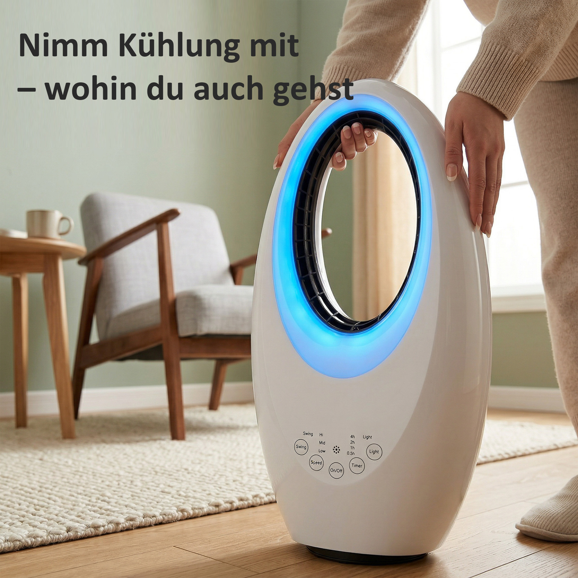 Bladeless Turmventilator, 36dB leiser Ventilator mit 60° Oszillation, LED-Beleuchtung, 3 Geschwindigkeiten, 7,5-Stunden-Timer, Fernbedienung