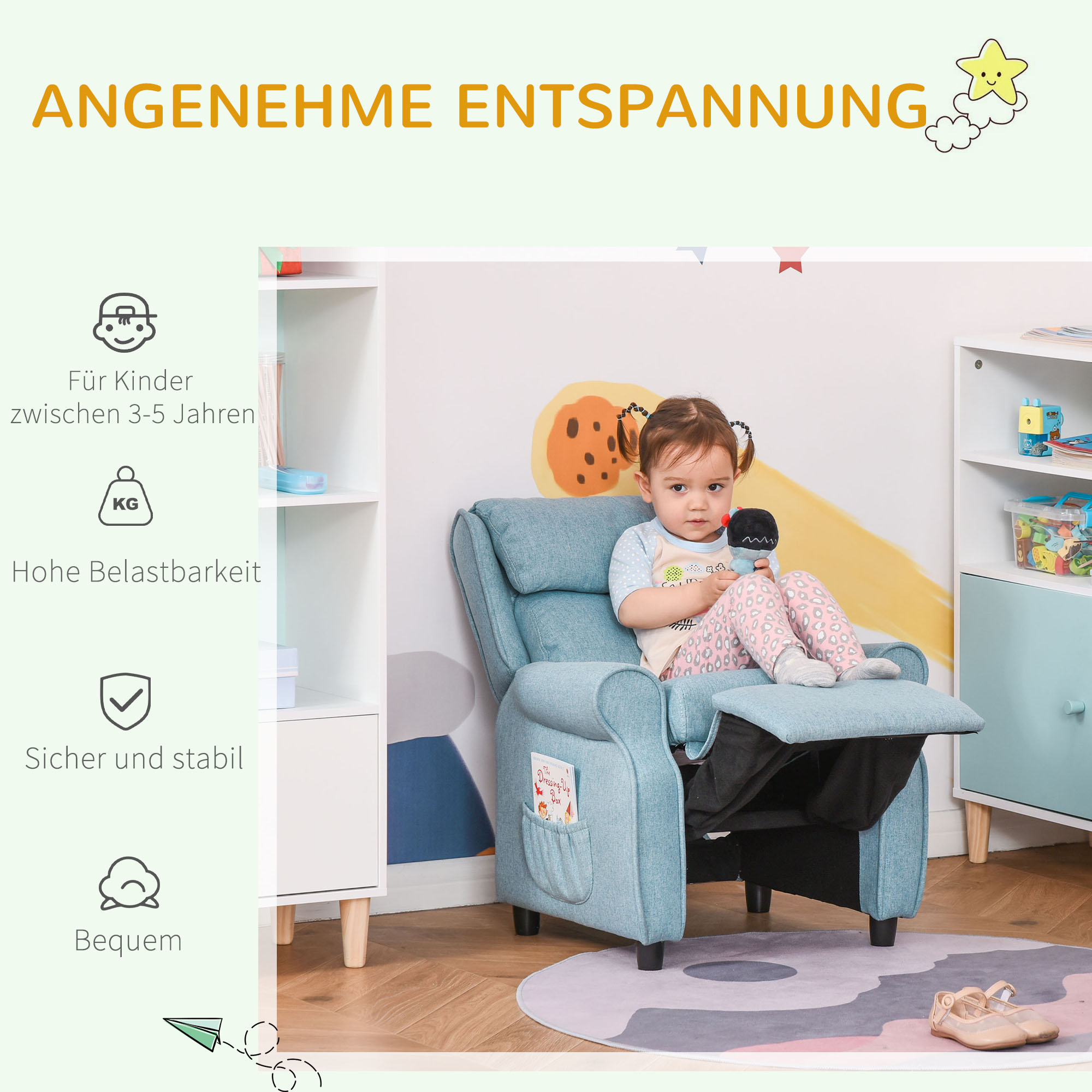 Kindersofa Kindercouch Kindersessel Stuhl Liegesofa verstellbar mit Fußstütze für 3-5 Jahre Jungen und Mädchen Blau 58 x 53 x 70 cm