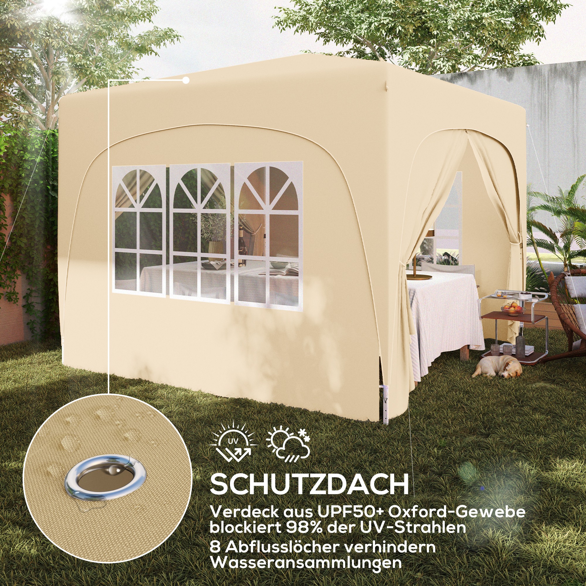 3 x 3 m Pavillon, Pop-up Gartenzelt mit Seitenwänden und Tragetasche, UPF50+, höhenverstellbar, Sand