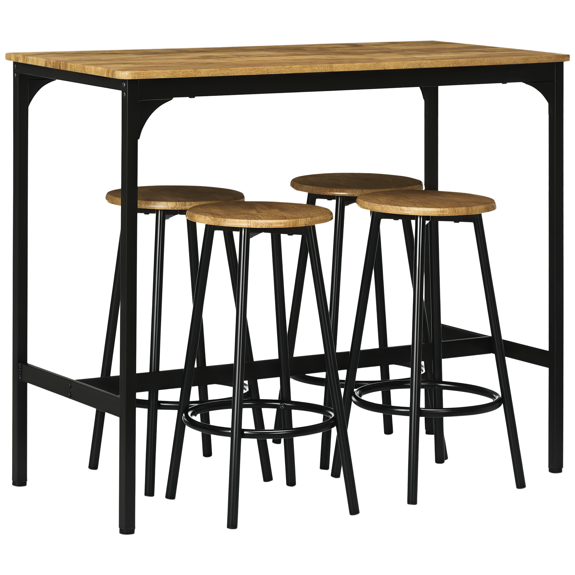 5-tlg, Bartisch-Set im Industriedesign, 1 Bartisch, 4 Barhocker, Sitzgruppe, Küchentresen, Schwarz + Braun