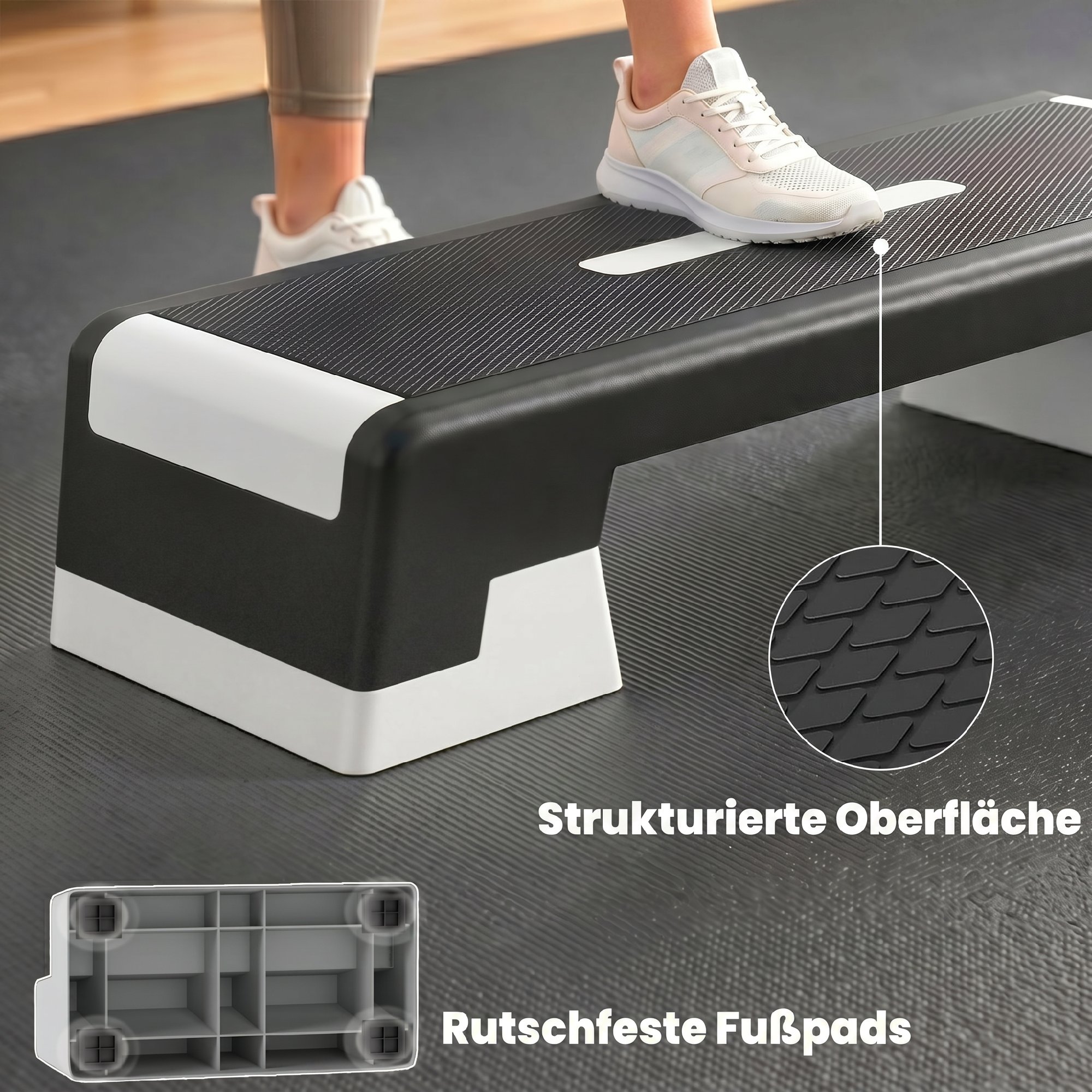 Steppbrett höhenverstellbar Fitness Aerobic Stepper mit 3 Stufen (15/20/25 cm), Anti-Rutsch-Matte Schwarz+Grau