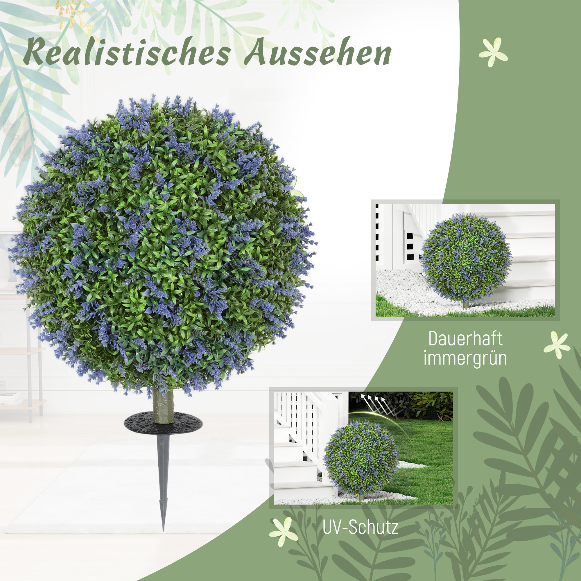 2-teiliges Kunstbaum-Set, Künstliche Lavendelbäume, Erdspieße, UV-beständig