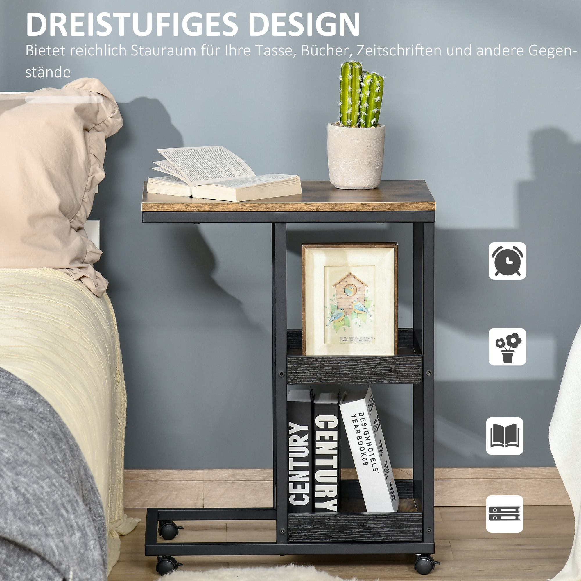 Beistelltisch mit Rädern für Sofa oder Bett, Industriestil, Stahl und Holz, Braun und Schwarz