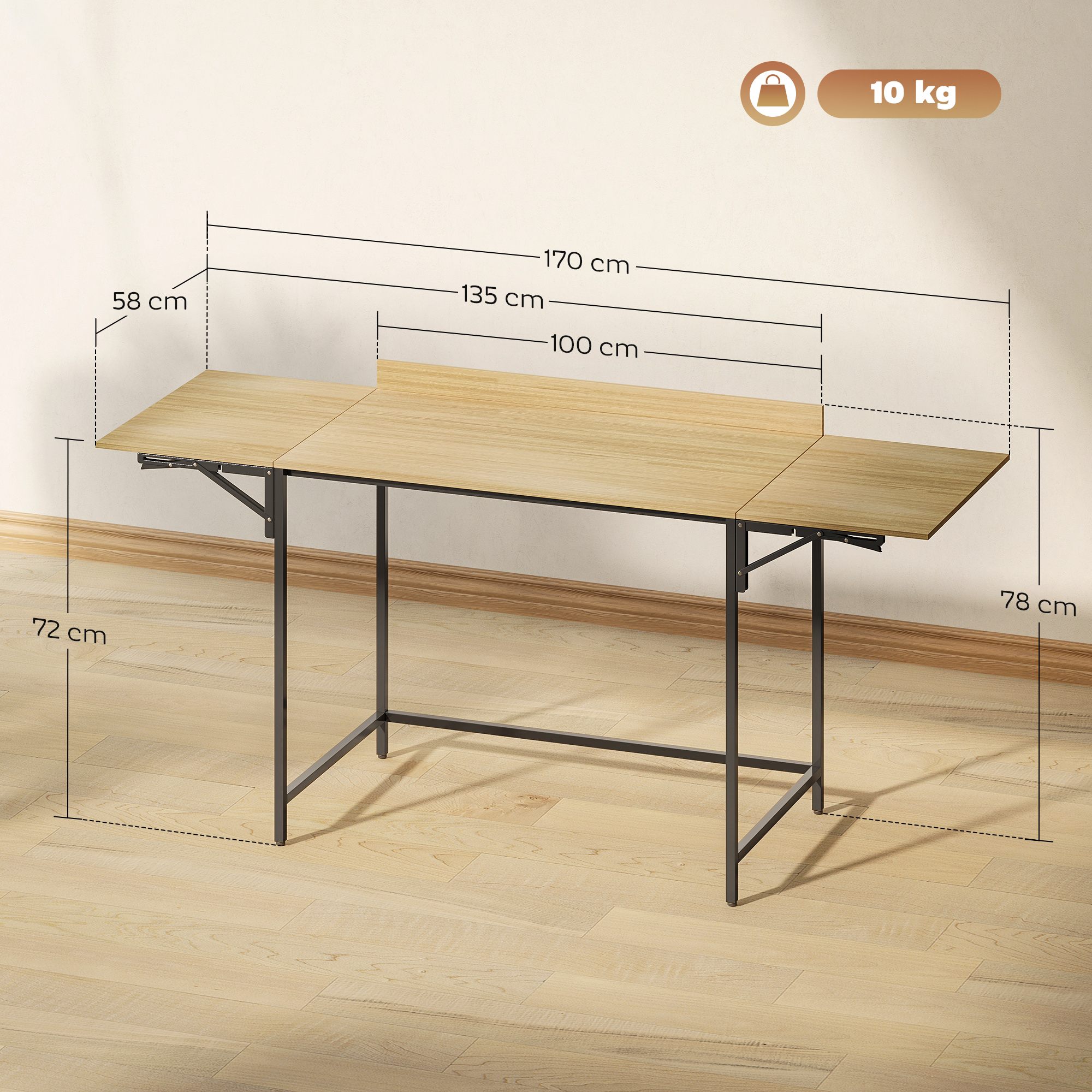 Klappbarer Computertisch mit 2 Ausziehplatten, viel Platz für Monitore, Metallbeine, robuste Konstruktion, Eiche+Schwarz