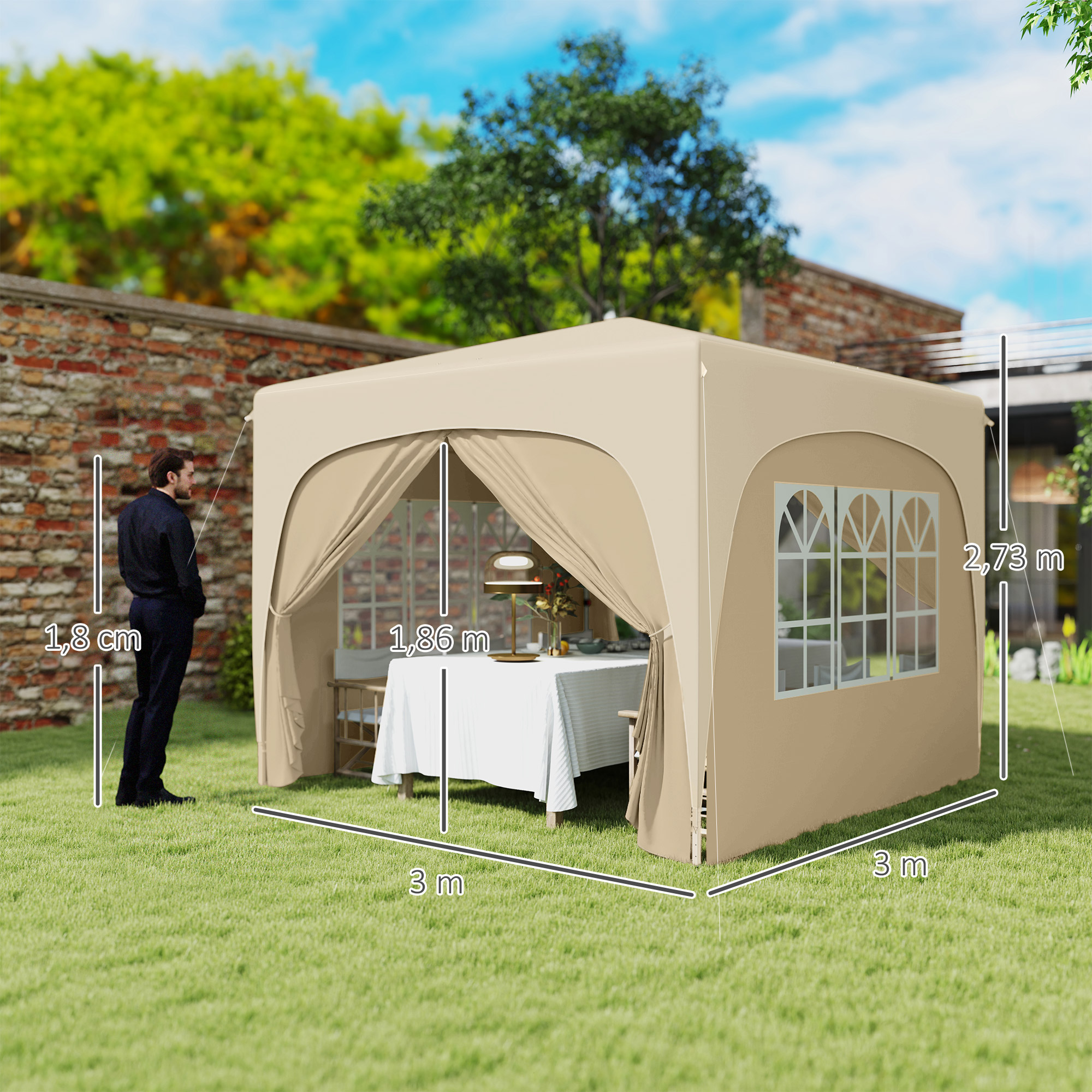 3 x 3 m Pavillon, Pop-up Gartenzelt mit Seitenwänden und Tragetasche, UPF50+, höhenverstellbar, Sand