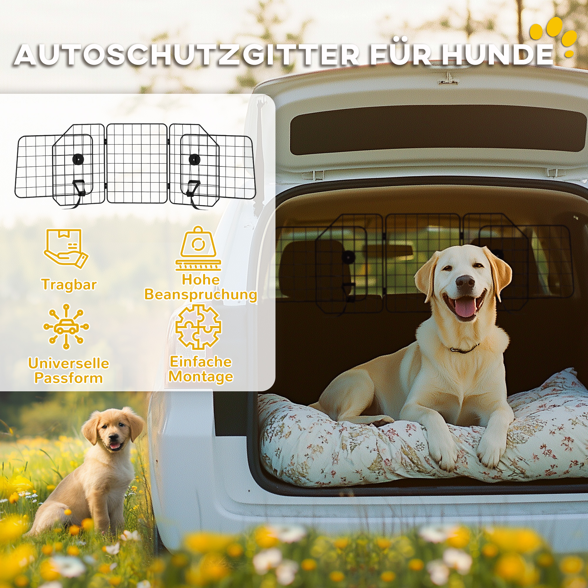 Autogitter für Hunde, verstellbar 93-150cm, klappbar, einfache Montage, Stahl, Schwarz