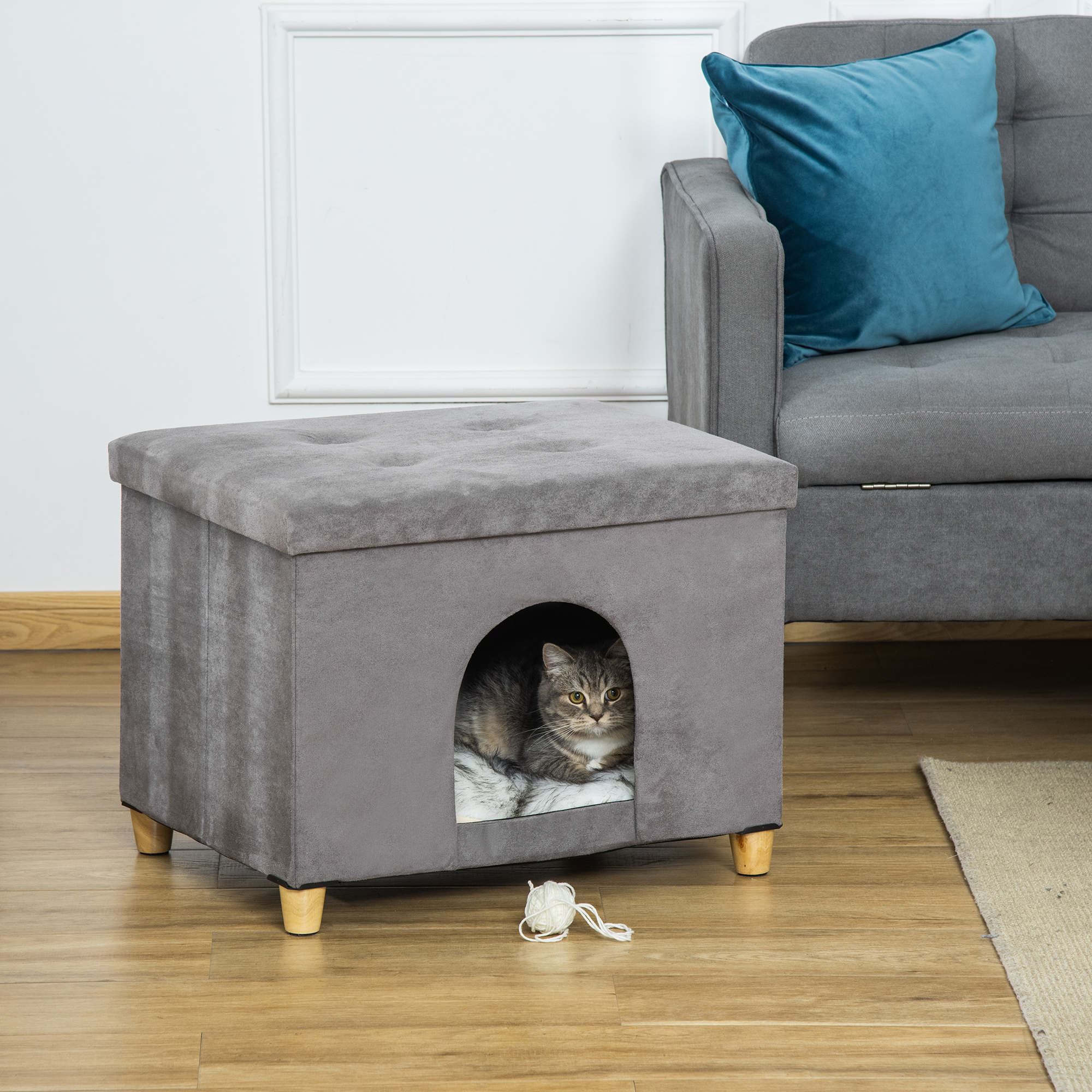 2-IN-1 Katzenhöhle Fußhocker mit Kissen Holzbeine Katzenhaus Katzenkorb weich gepolstert Ottomane elegantes Design abnehmbar MDF Plüsch Grau 60 x 45 x 44,5 cm