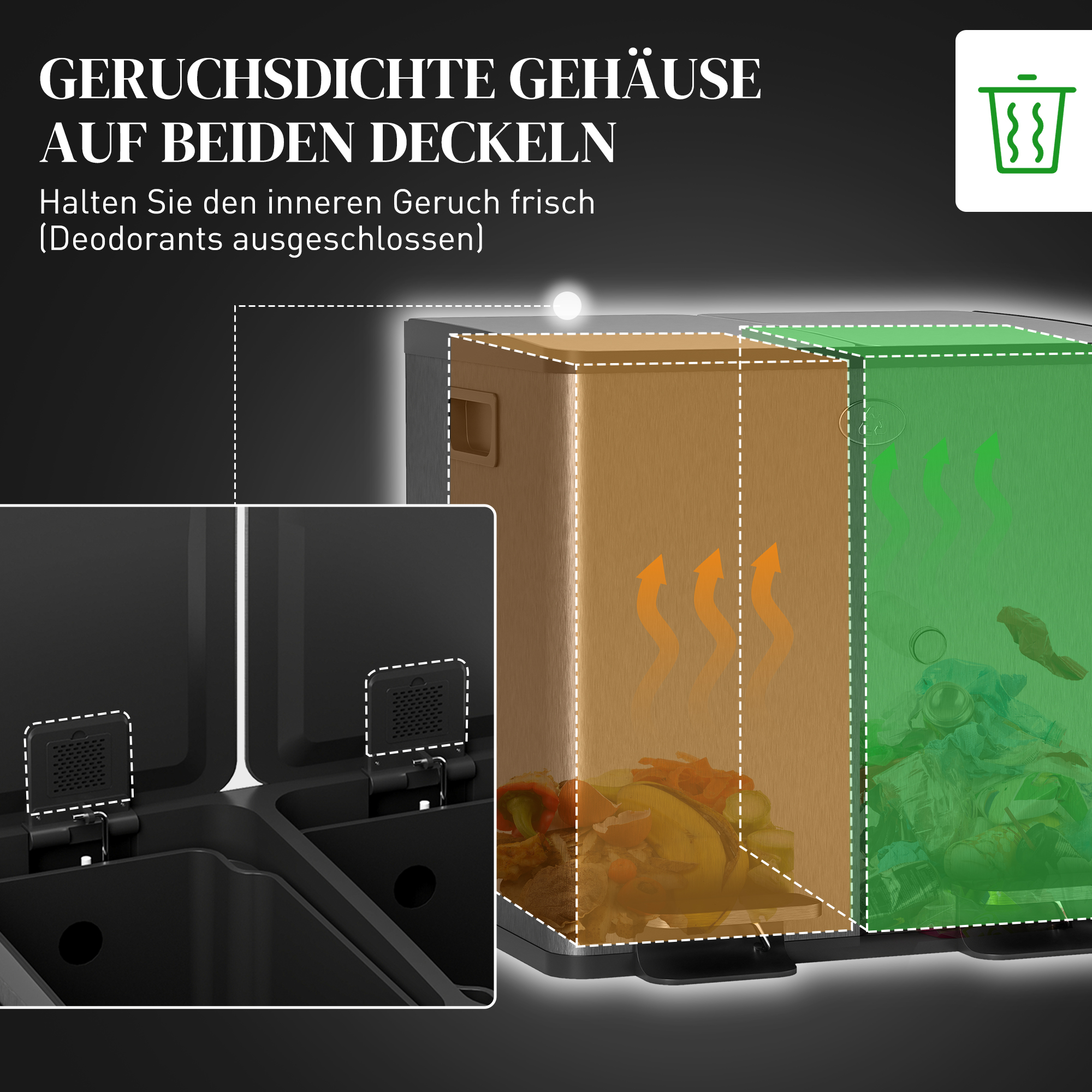 2 x 15l Doppelmülleimer, Pedalöffnung, leicht zu reinigen, Edelstahl, Kunststoff, Schwarz