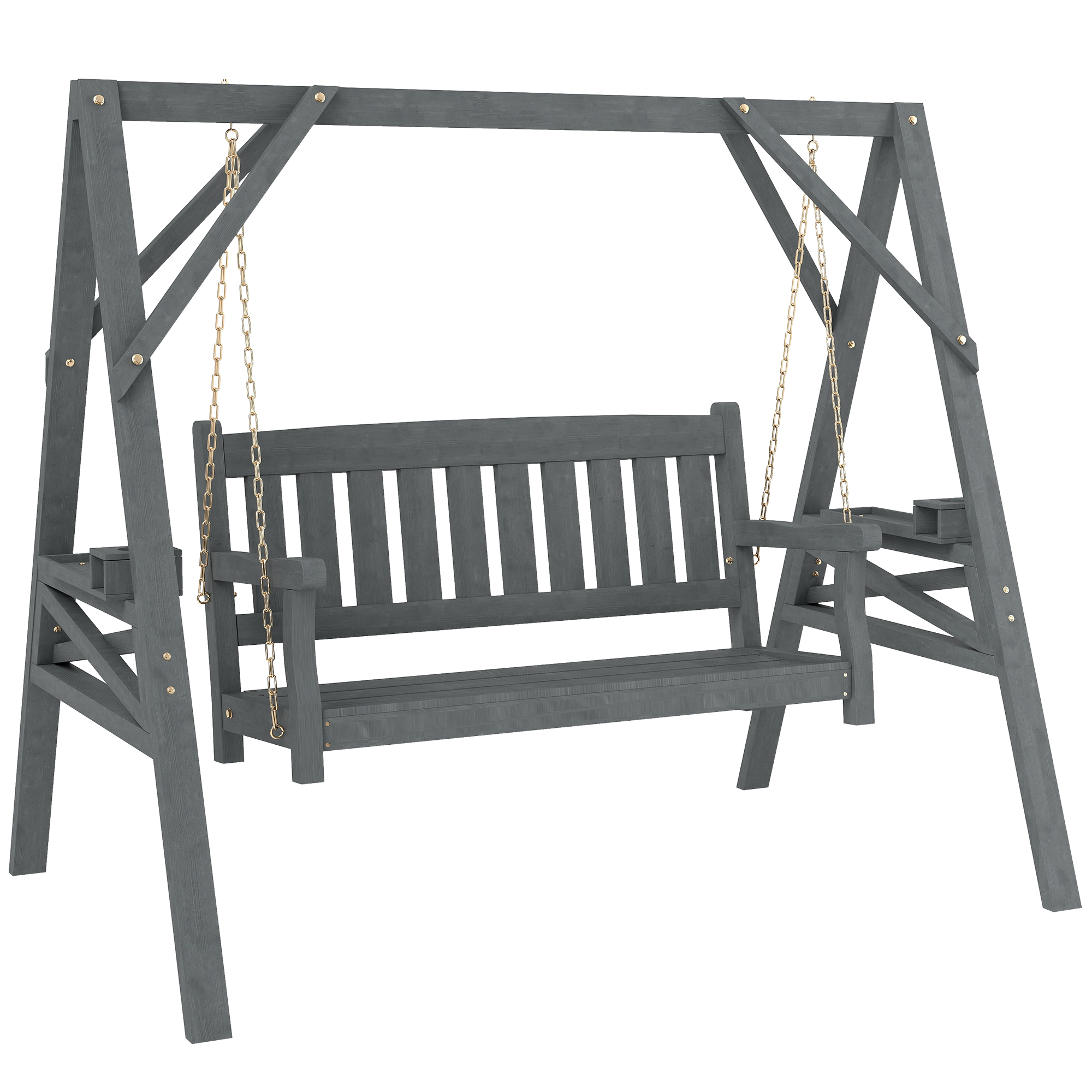 2-Sitzer Gartenschaukel, Holzschaukelbank mit Ablagen, Getränkehalter und Metallketten, Grau