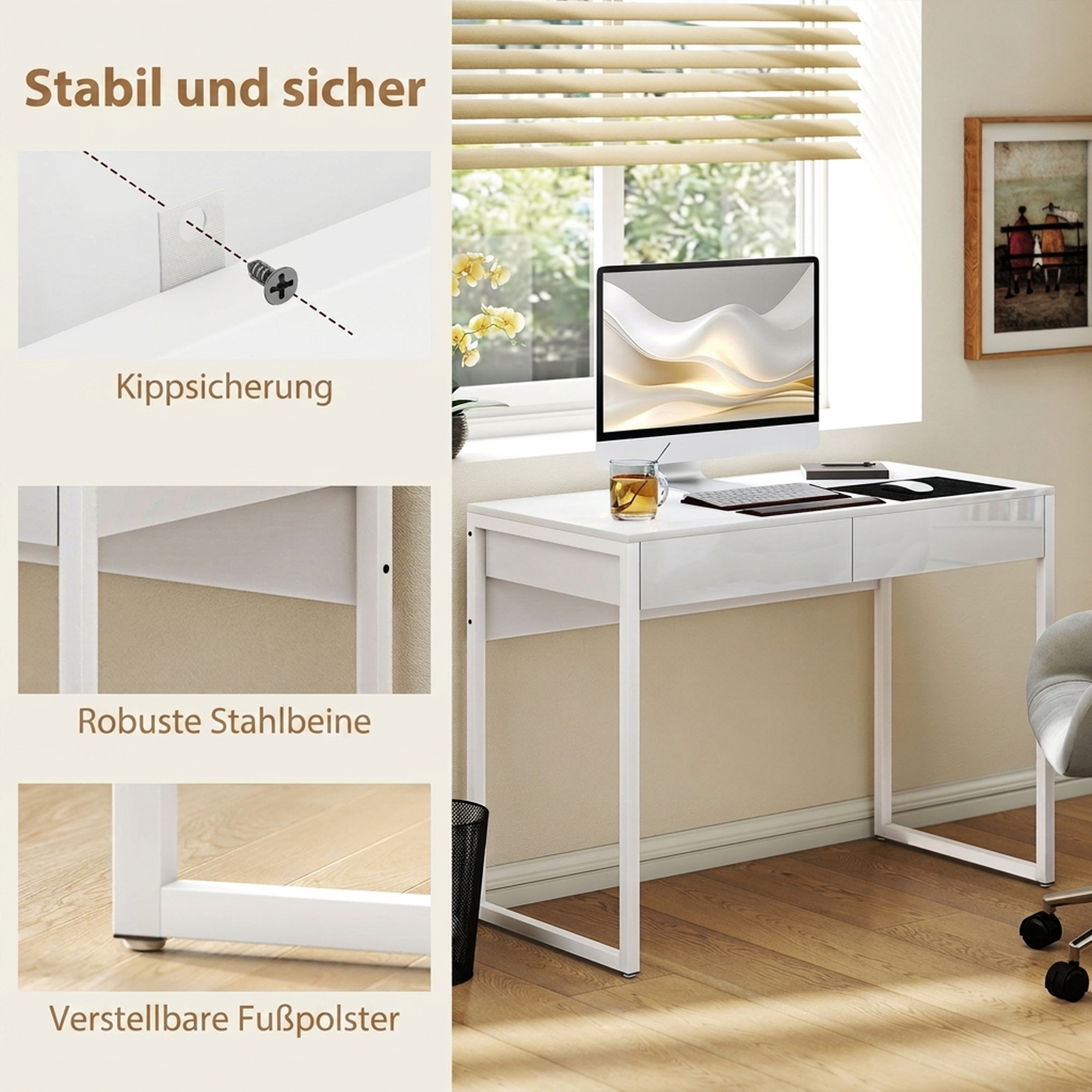 Schreibtisch 100 x 50 cm Computertisch Bürotisch mit 2 Schubladen, für kleine Räume, Weiß