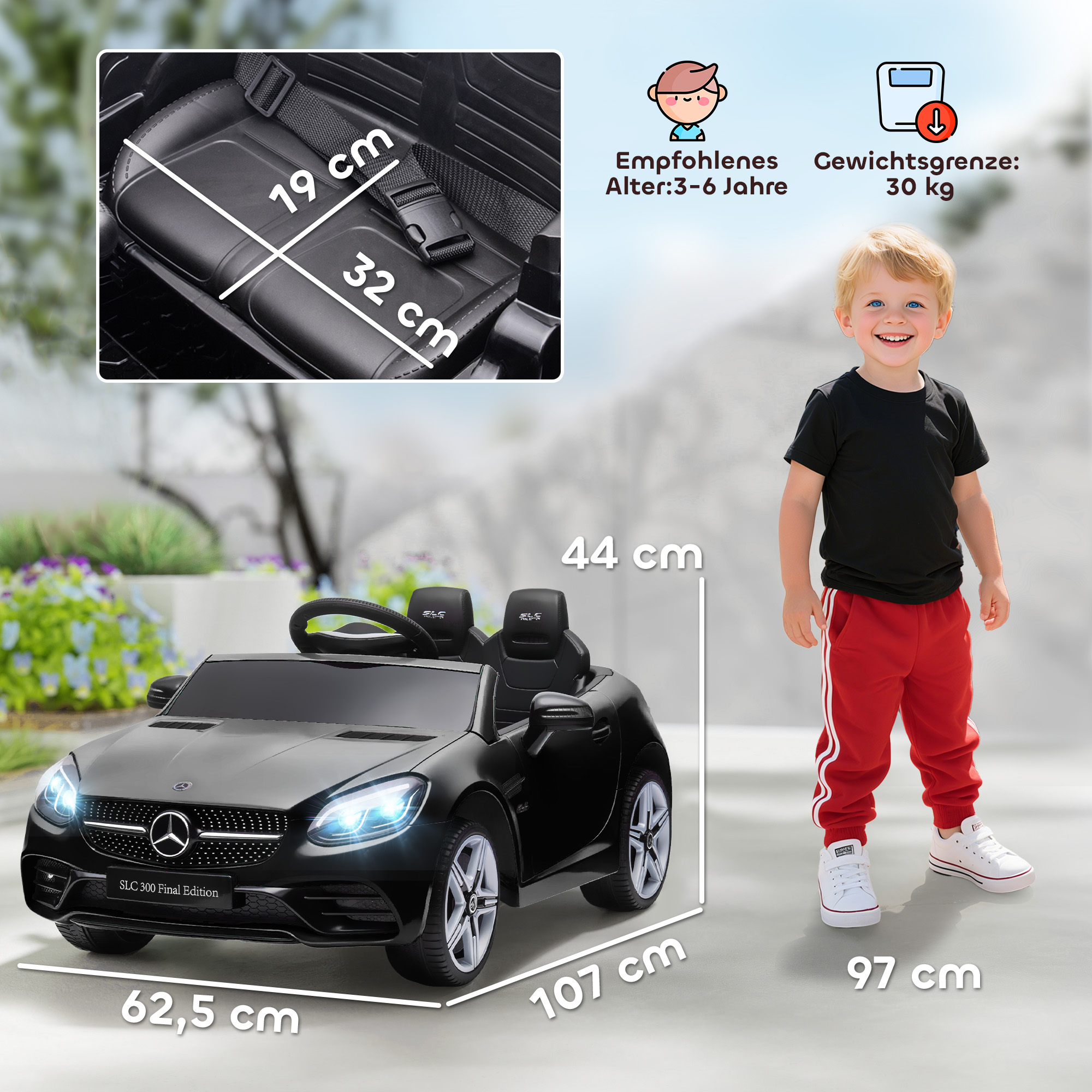 Kinder-Elektroauto, mit LED-Scheinwerfern, Sicherheitsgurt, Hupe, Musik, 3-5 km/h, schwarz, 107 x 62,5 x 44cm