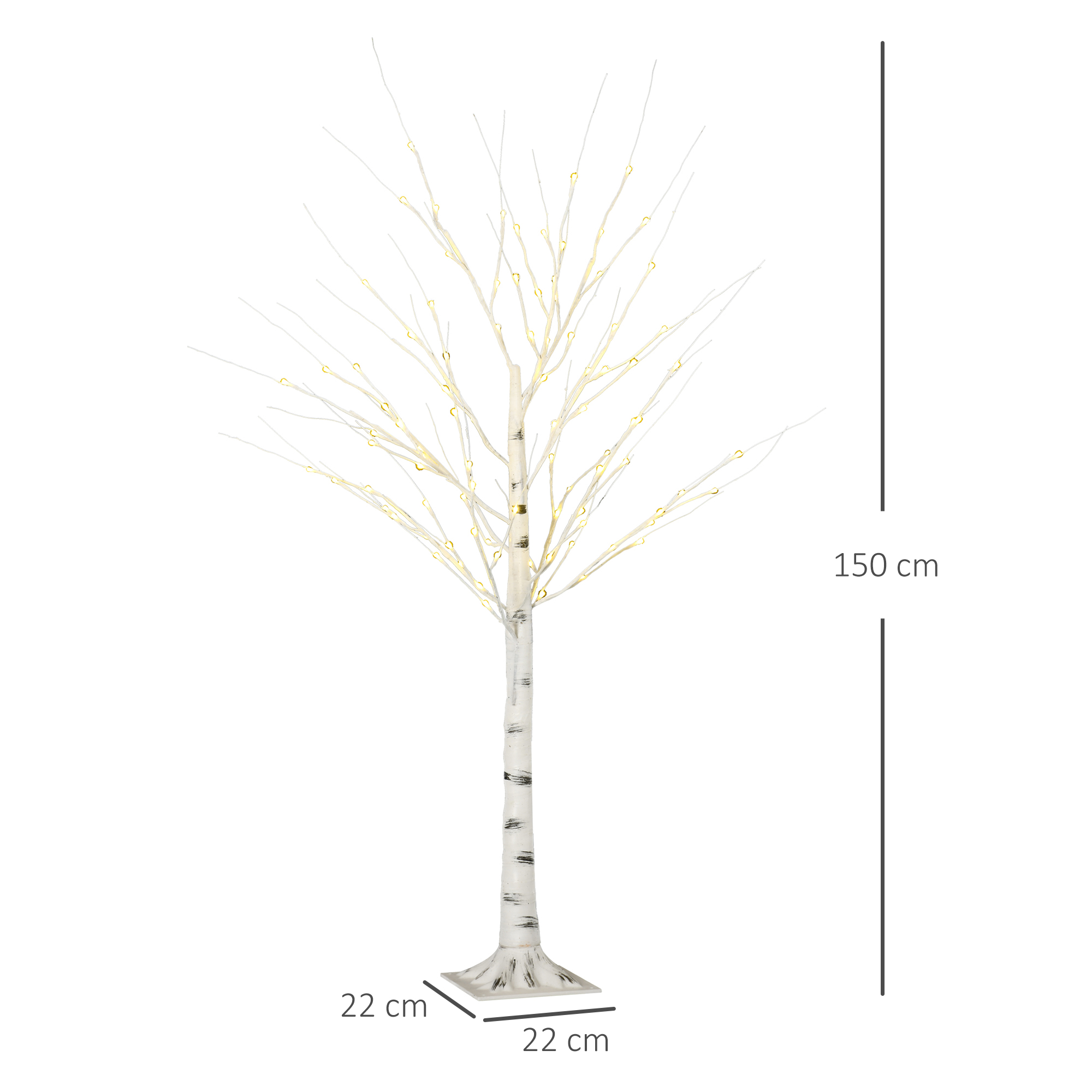 Künstliche Birke mit LEDs, biegsame Äste, Kunststoff und Metall, 150 cm, Weiß