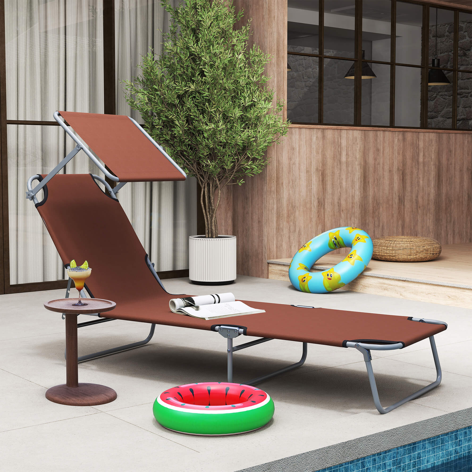 Sonnenliege klappbar Gartenliege mit Sonnenschutz Liegestuhl mit 4-Fach verstellbare Rückenlehne Campingliege bis 120kg belastbar für Garten, Balkon und Pool geeignet, 6 Farben(Braun )