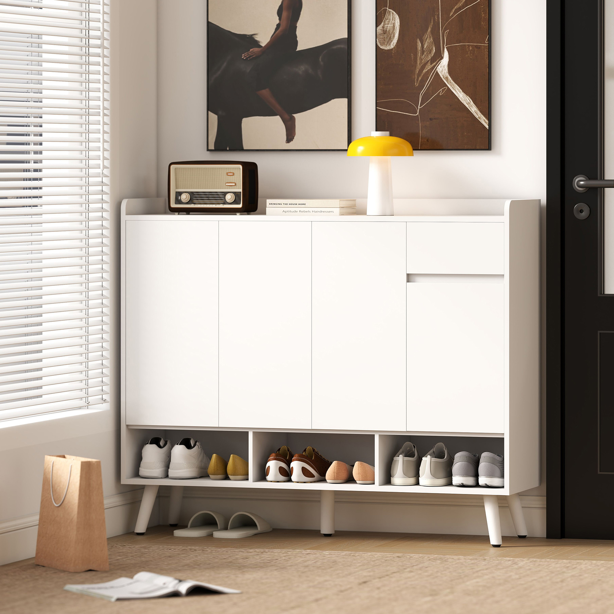 Schuhschrank mit grifflosem Design, 4 Türen, 4 verstellbare Regale, freistehendes Schuhregal mit 5 Holzbeinen, Holz, Weiß