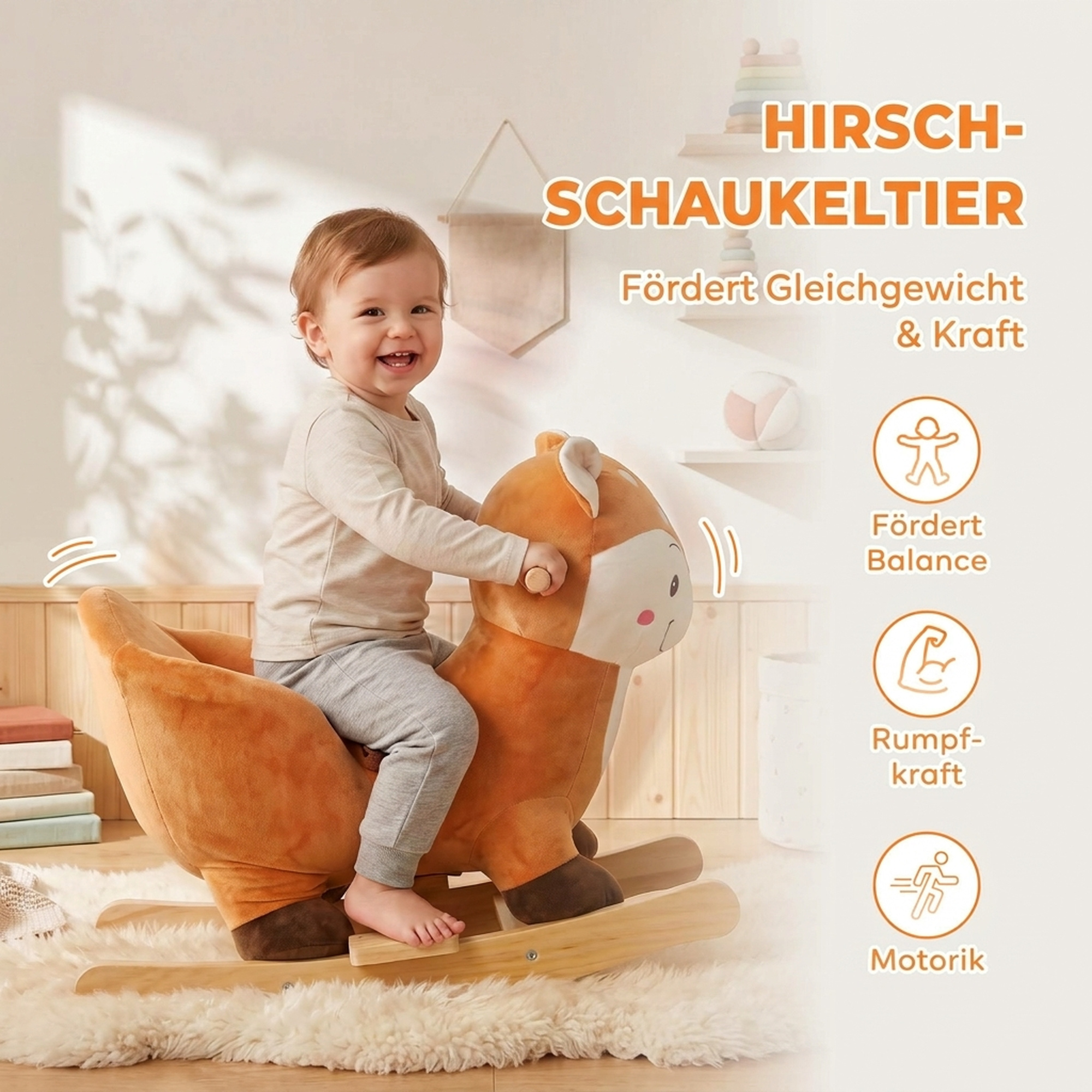 Schaukelpferd im Hirsch-Design, stabiles Plüsch-Schaukelpferd mit Tiergeräuschen, Sicherheitsgurt und Schaukelstopp