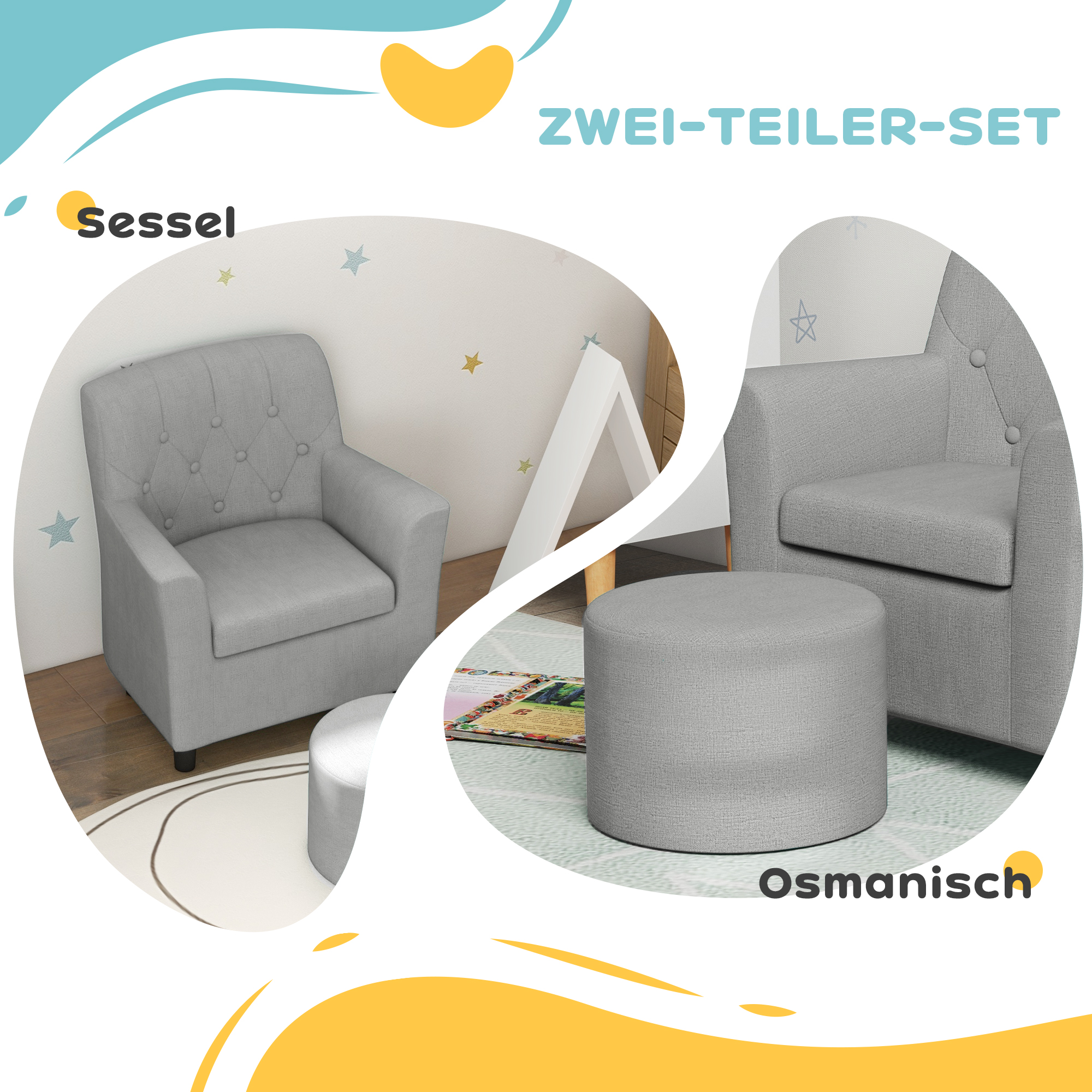 Kindersessel mit Hocker, Rückenlehne Diamantmuster, weiche Sitzfläche, Holzrahmen, Grau