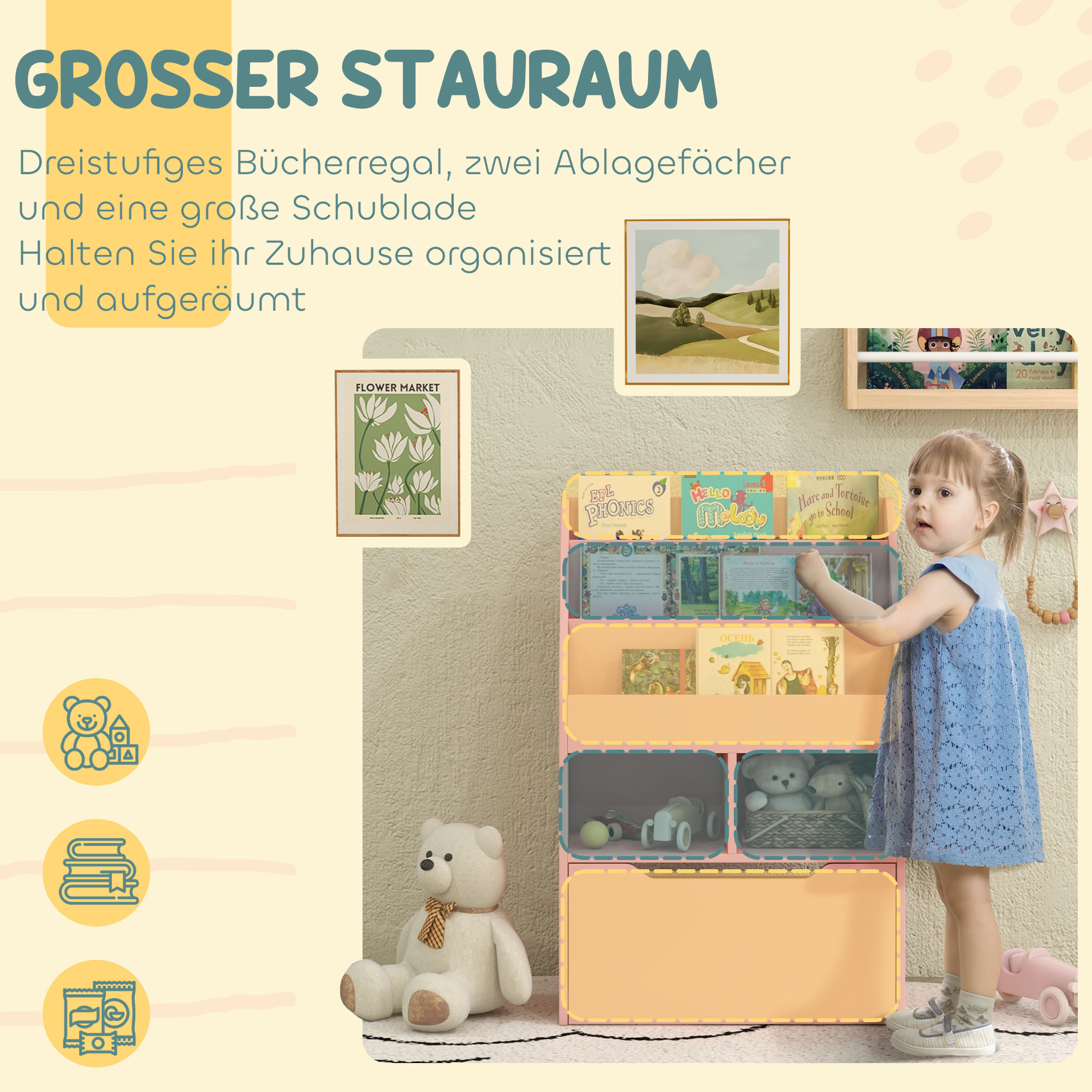 Kinderregal mit Schublade, Bücherregal mit Fächern, 60 x 29,9 x 90 cm, Rosa