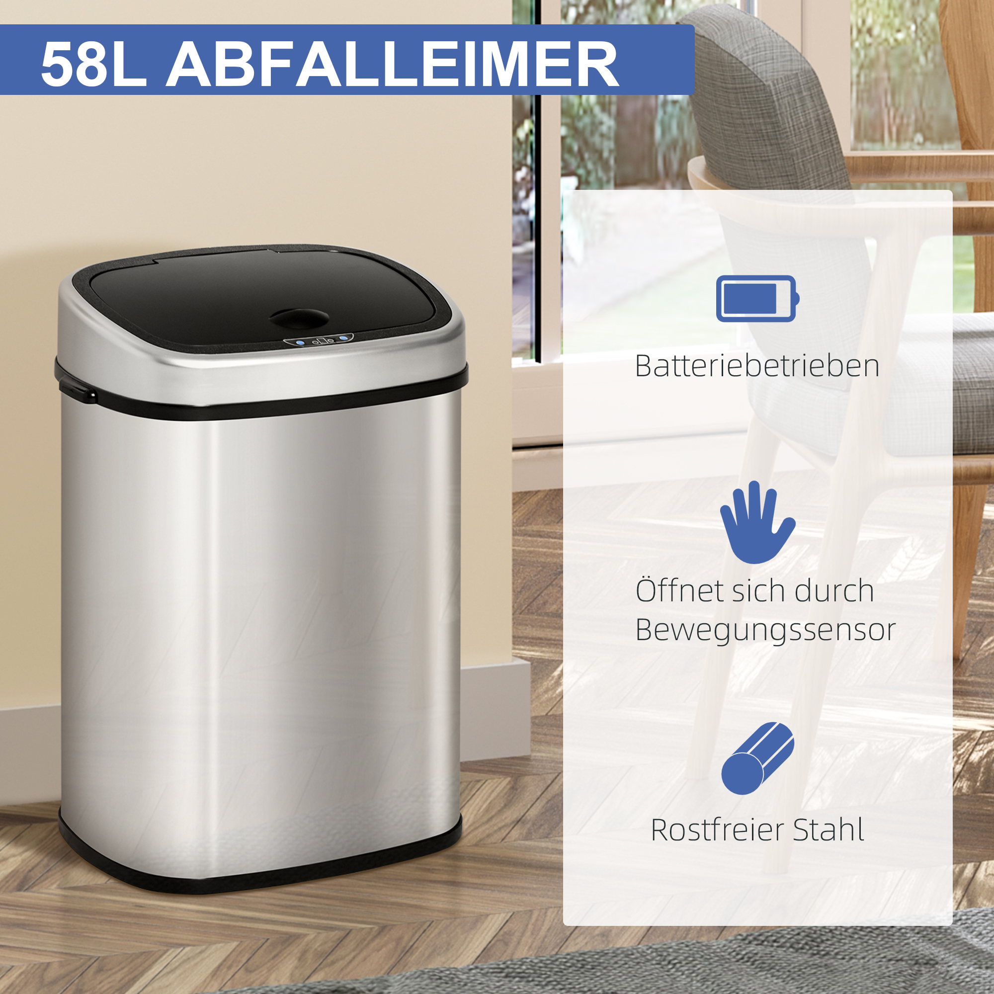 Mülleimer mit Sensor 58L Automatik Abfalleimer mit Bewegungssensor, Wasserdichter Abfallbehälter aus Edelstahl für Küche, Büro, Schlafzimmer Silber