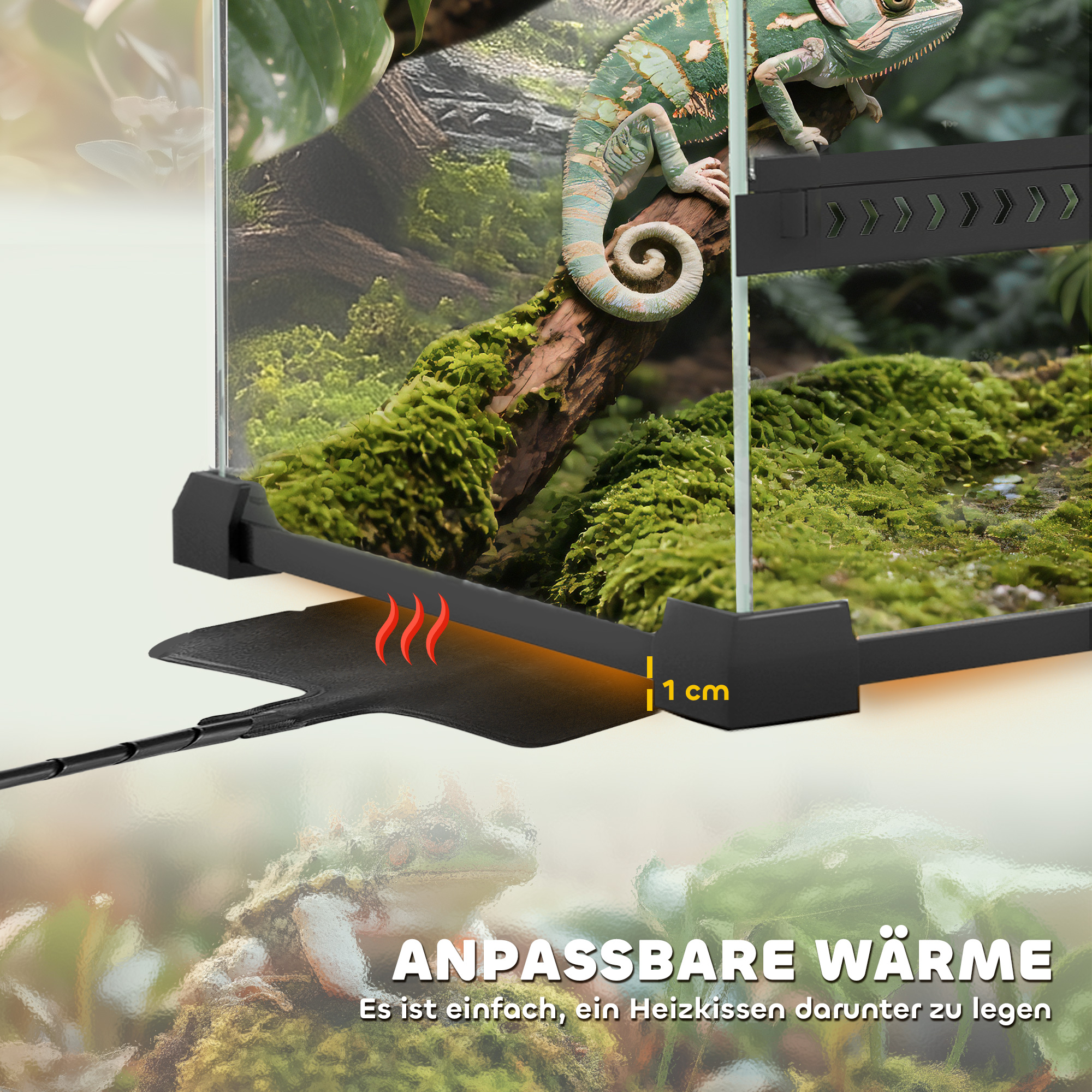 Terrarium für Reptilien Glasterrarium 48L mit Frontbelüftung Steinrückwand Drehverschluss 50 x 30 x 35 cm Schwarz