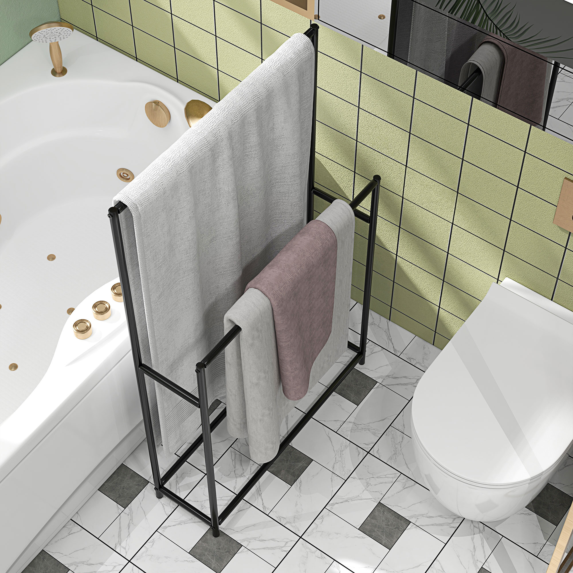 Handtuchhalter, freistehend, 2 Stangen, rostfrei, 66x20x110cm, Schwarz