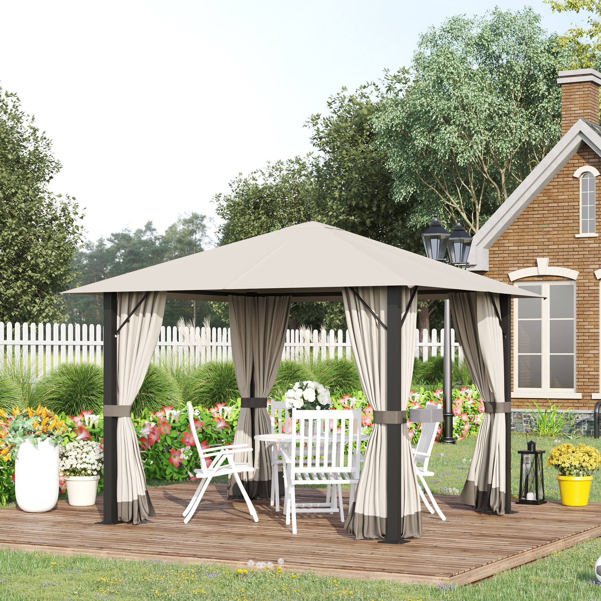 Gartenpavillon Pavillon 3 x 3 m Gartenzelt Dach mit Belüftungslöcher Festzelt Partyzelt mit 4 x Seitenteile wetterfest Aluminium Polyester khaki