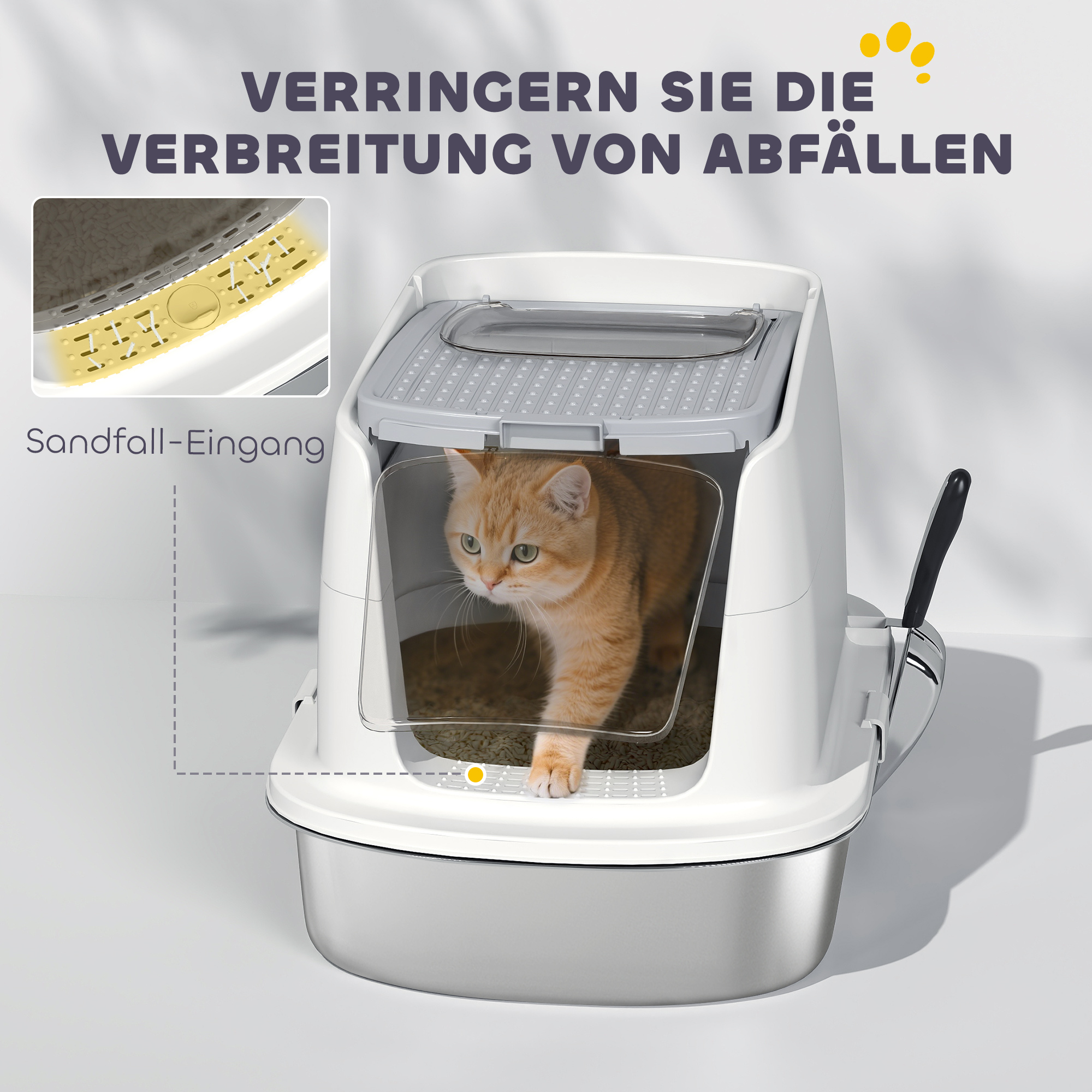 Katzentoilette Edelstahl, geschlossene Katzentoilette mit Schaufel, Geruchsbeutel, Einstieg Ausgang