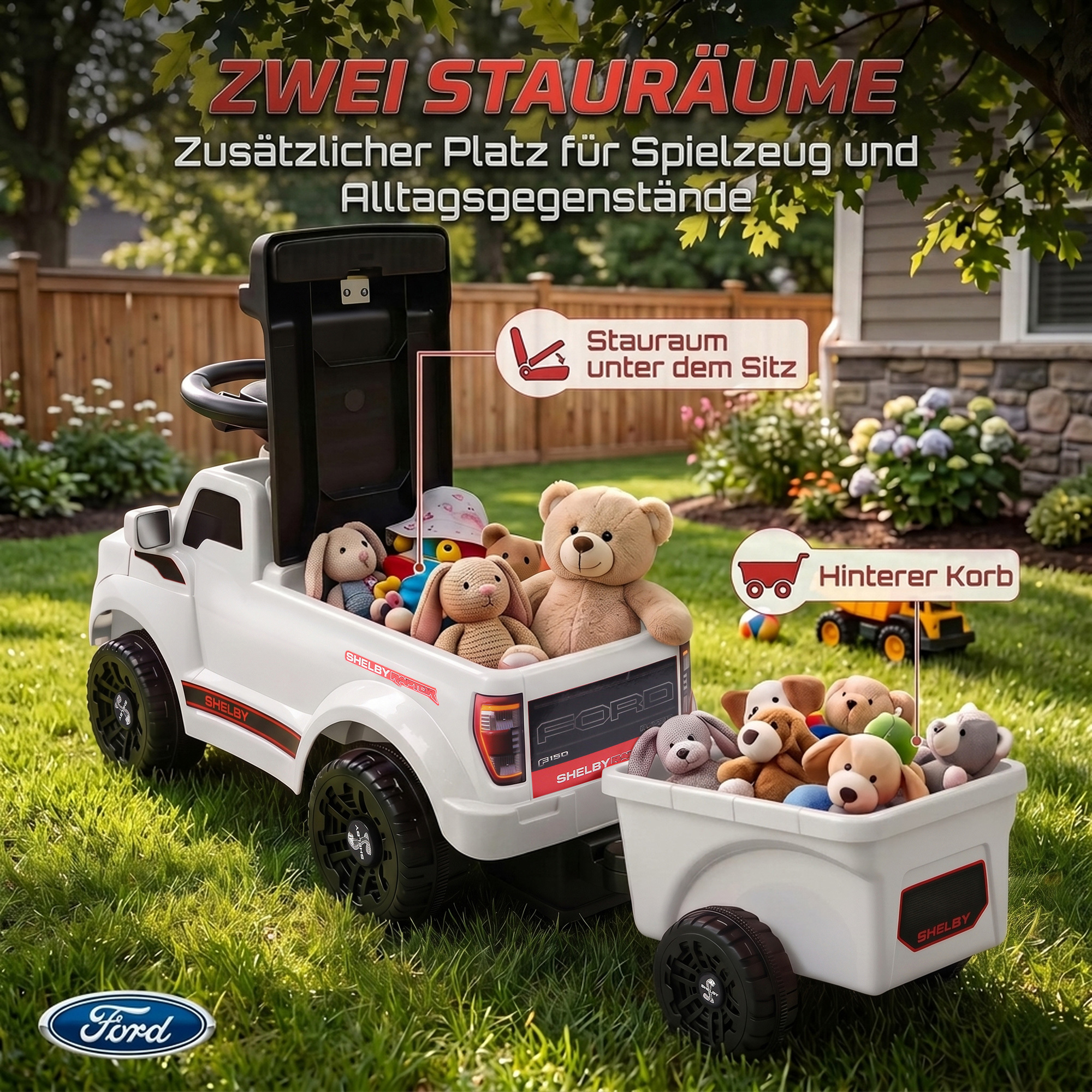 Rutschauto für Kleinkinder, Shelby Kinderauto mit hinterem Korb, aufklappbarer Motorhaube, für 18–72 Monate, Weiß
