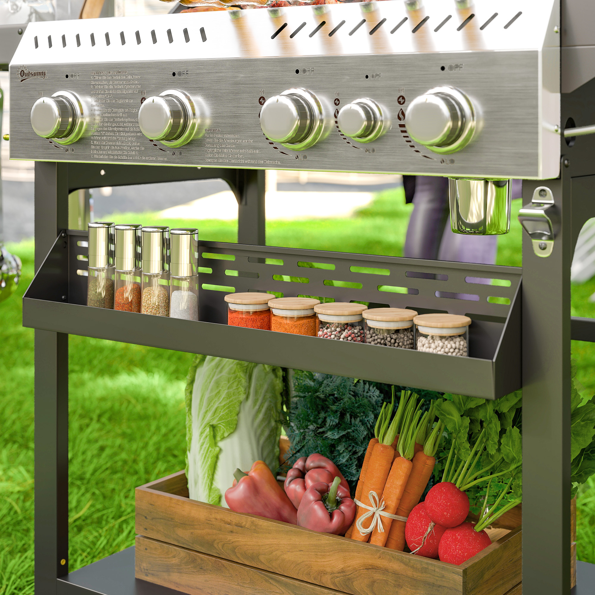 Gasgrill, BBQ-Grill, 4 Hauptbrenner, 1 Seitenkocher, 1 Warmhalteplatte; 135 x 55 x 103 cm, Schwarz