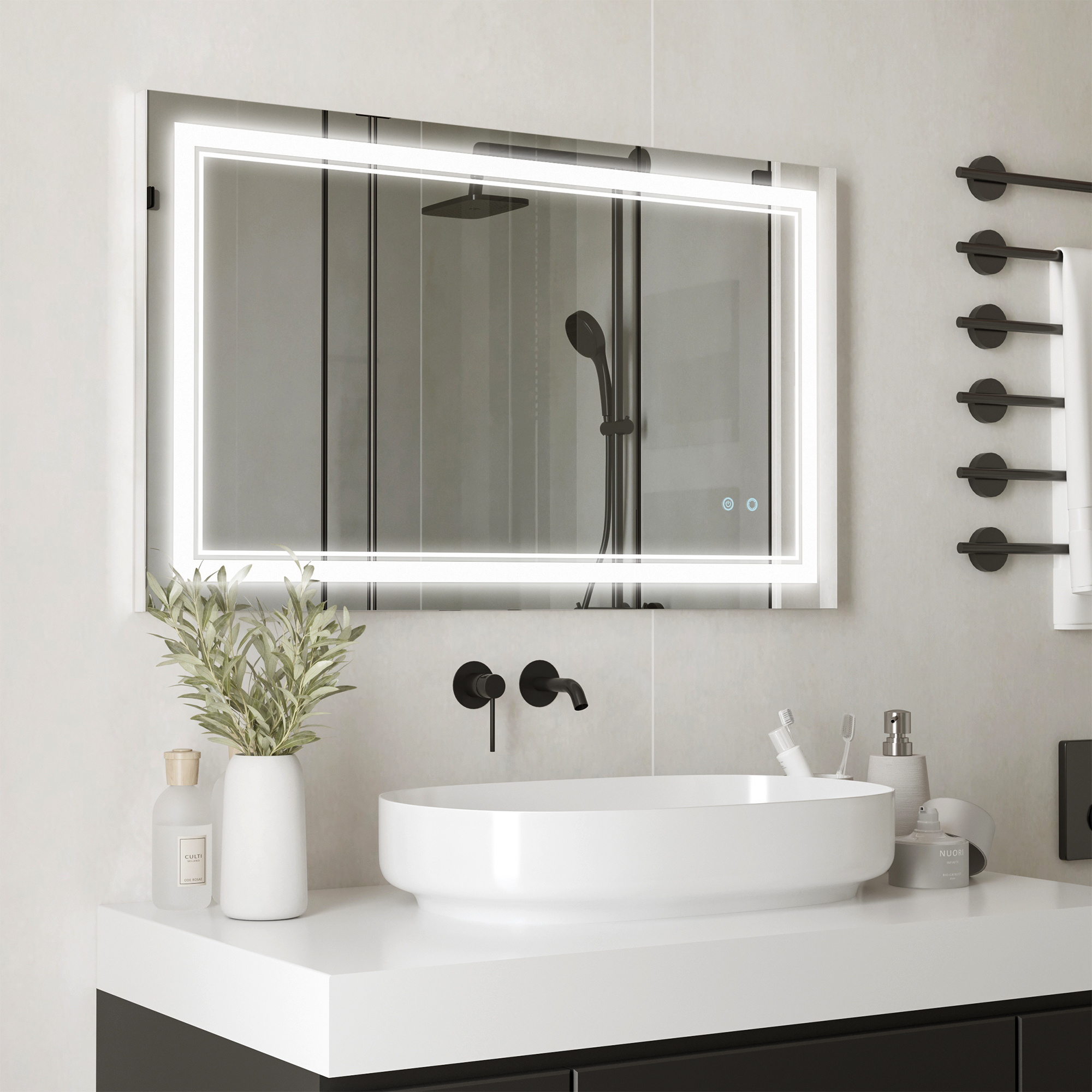 Badezimmerspiegel mit LED-Beleuchtung, Memoryfunktion, Berührungsschalter, Spritzwassergeschützt, Silber