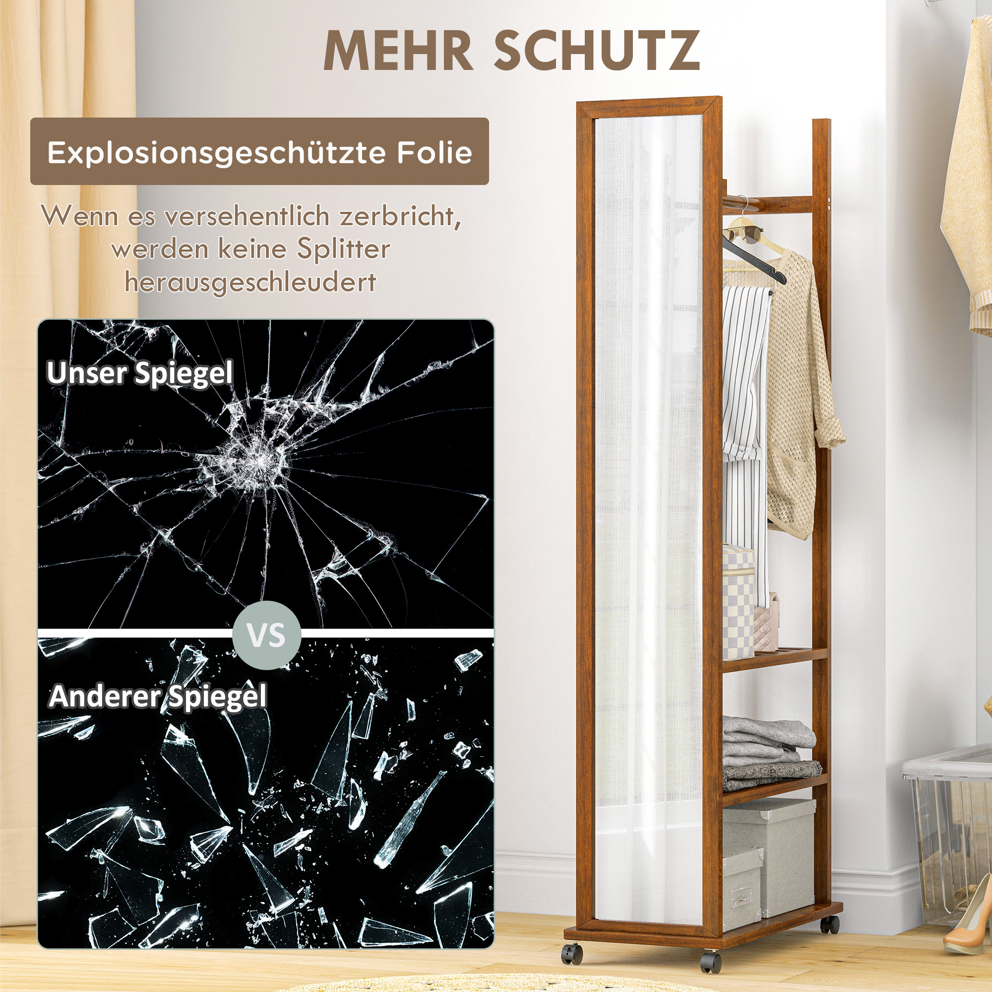 2-in-1-Spiegel Spiegel Ganzkörperspiegel Garderobe, 1 Kleiderstange, 3 Regale, 35,8 x 59,8 x 170 cm, Natur