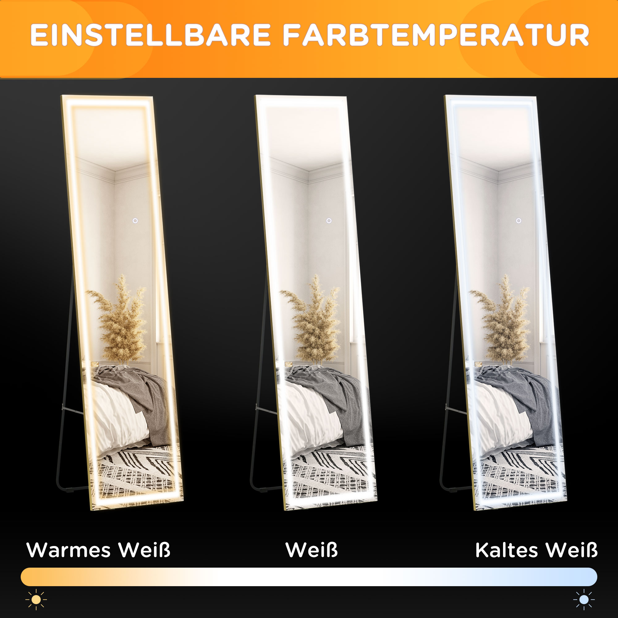 2 in 1 Ganzkörperspiegel mit LED-Licht, freistehend, wandmontiert, dimmbar, 40 cm x 37 cm x 156,5 cm, Silber