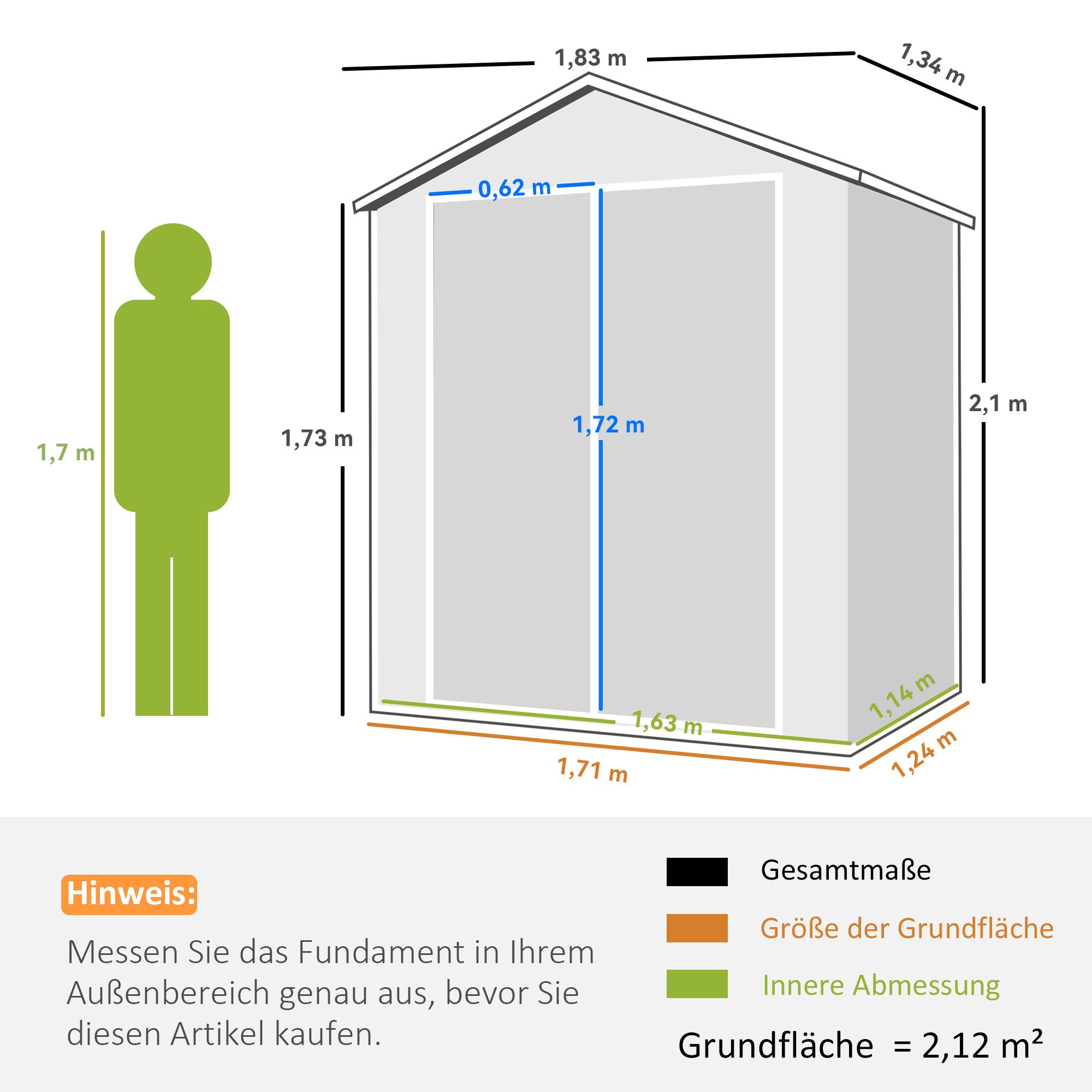 Metall-Gartenschuppen, abschließbar, Doppeltür, Fenster, Aluminiumrahmen, 1,80 x 1,30 x 2,10 m, Grau