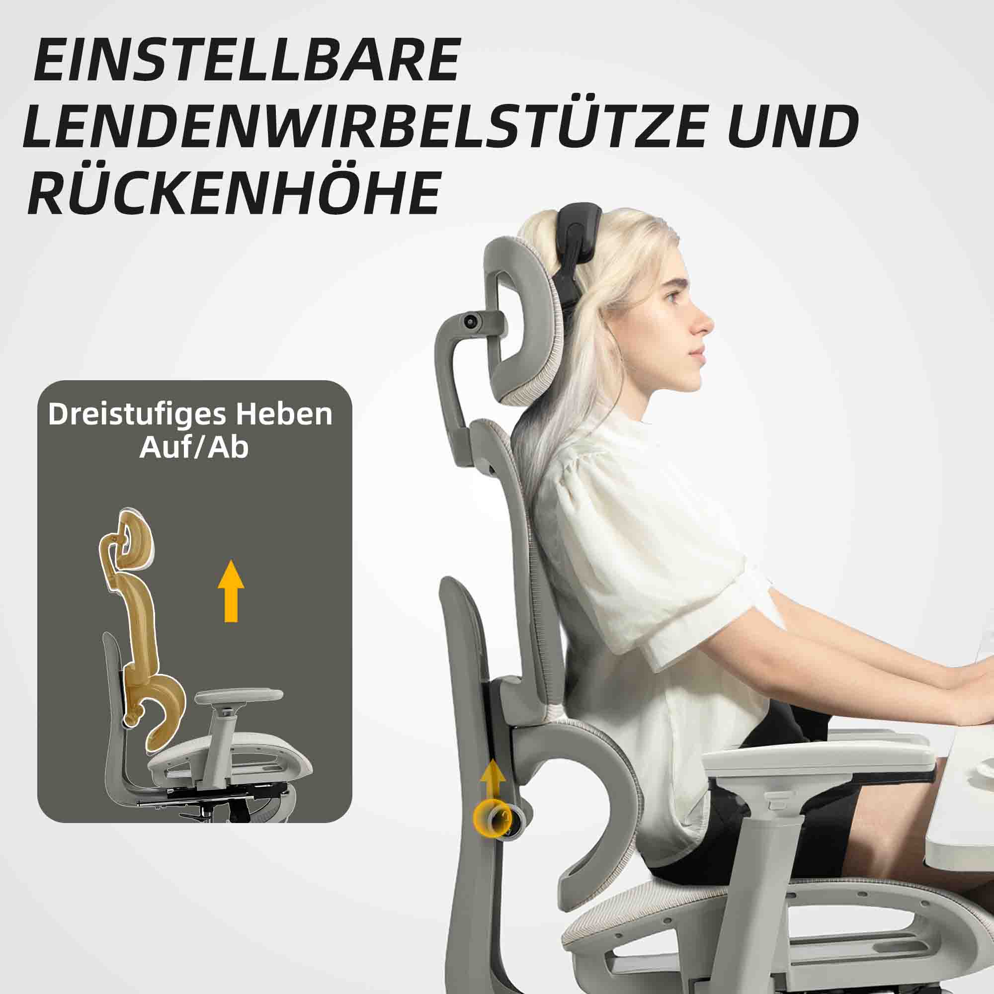 Bürostuhl, Ergonomischer Schreibtischstuhl mit Netzstoffbezug, verstellbar, rollbar, mit Armlehnen, Kopfstütze, Beige