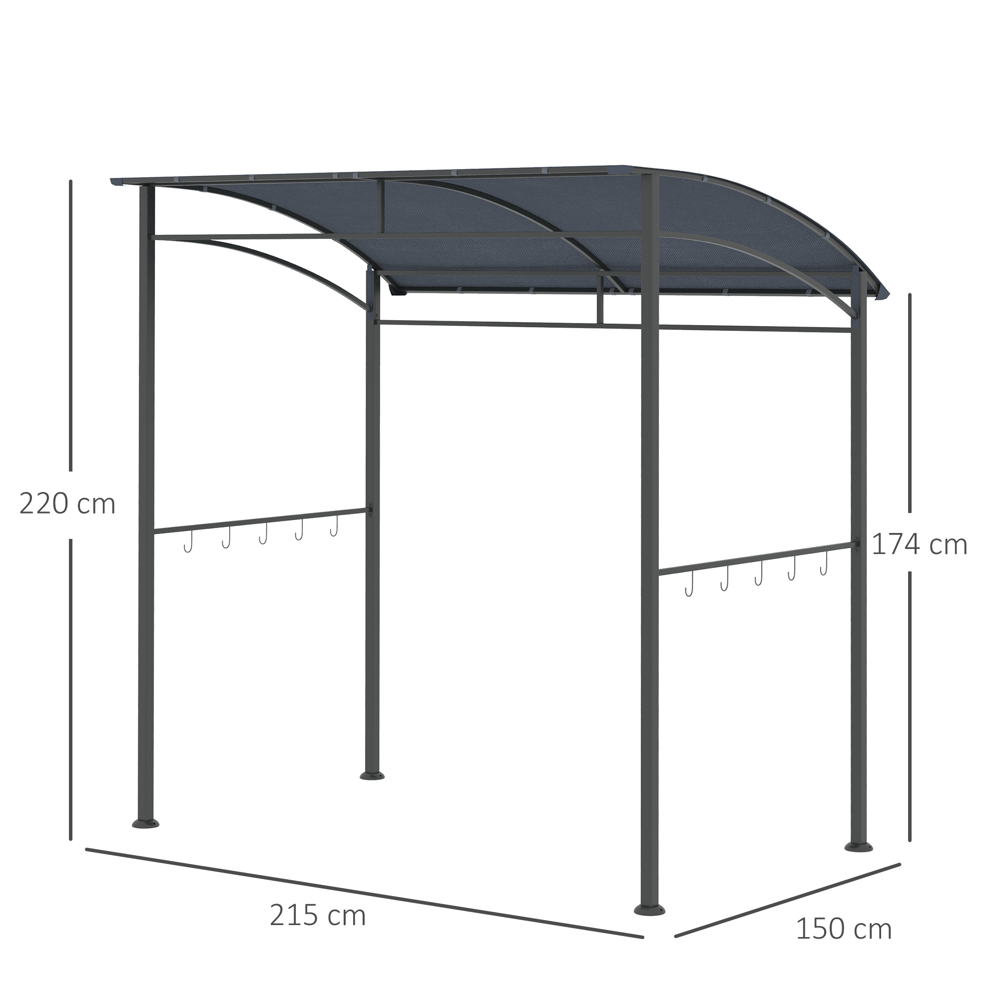 Grillpavillon, Grillüberdachung, Regenschutz, Haken für Utensilien, Stahlrahmen, grau, 215 x 150 x 174/220 cm