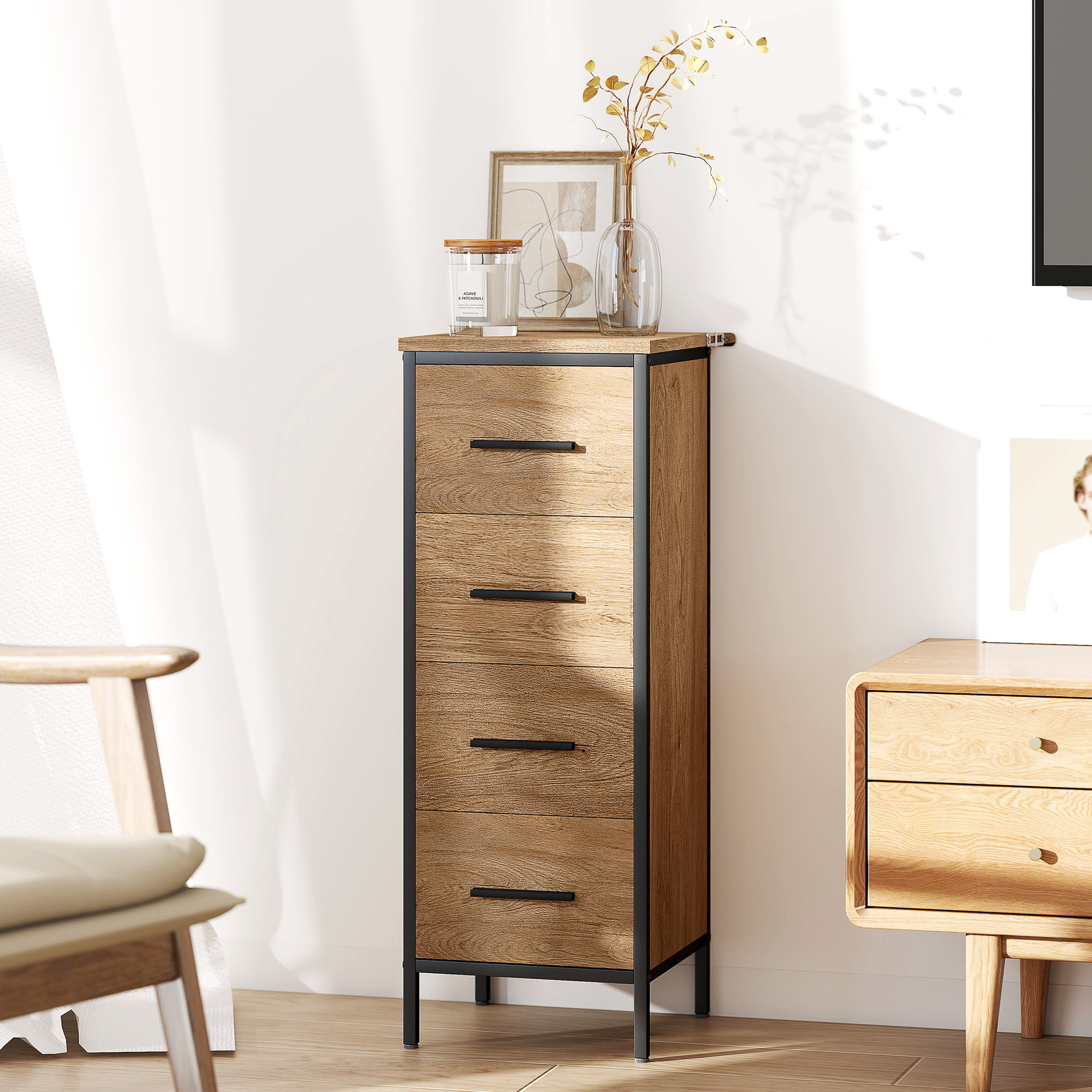 Badezimmerschrank, 4 Schubladen, kompakt, Industrie-Stil, Spanplatten, Metall
